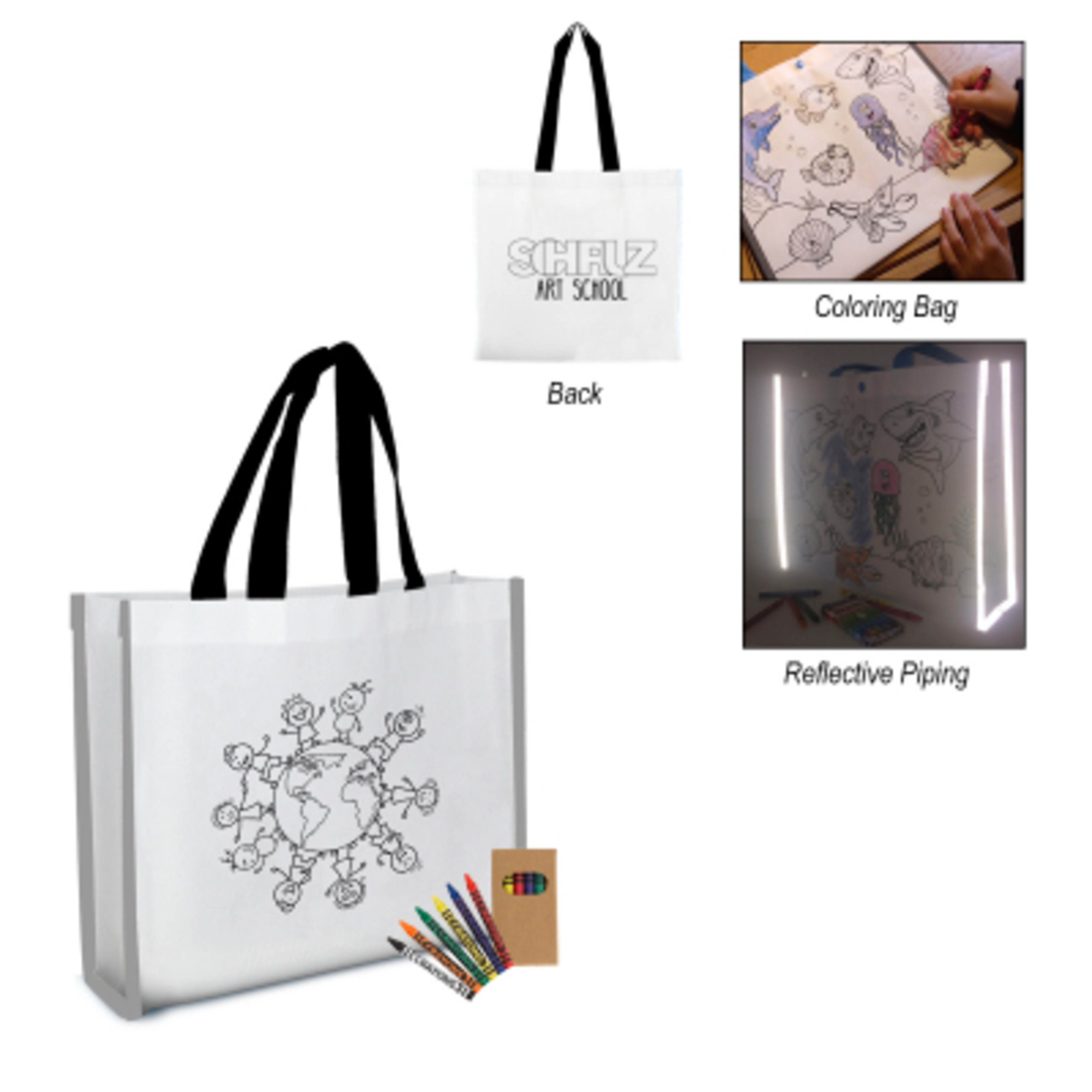 Custom Tote Bag Non-Woven Coloring with Crayons - 13 x 11 x 3 in - Group Shot - product view 4