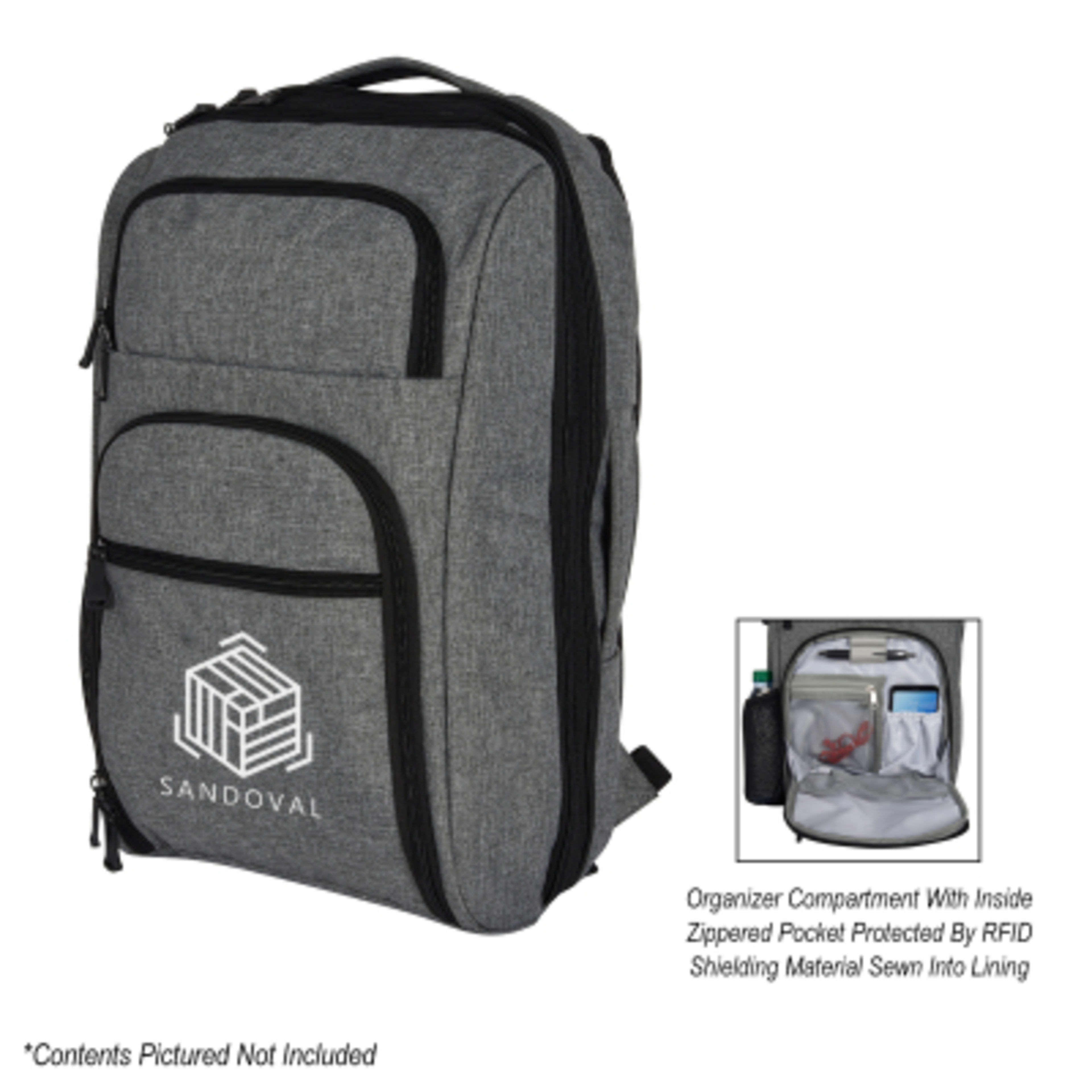Backpack RFID Laptop Heathered Polyester Convertible - 11 x 18 x 5 in - Gray - Silkscreen - product view 2