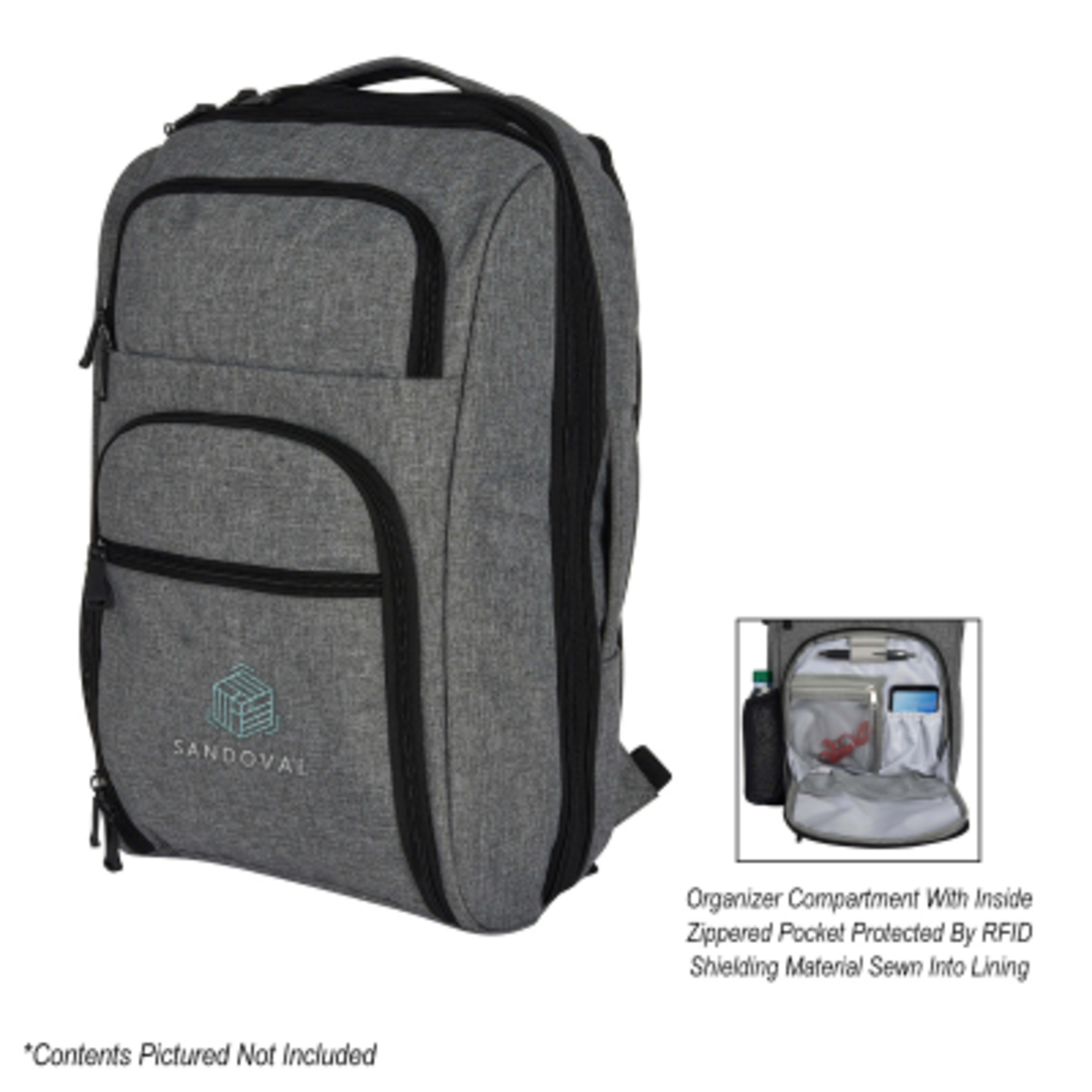Backpack RFID Laptop Heathered Polyester Convertible - 11 x 18 x 5 in - Gray - Embroidery - product view 4