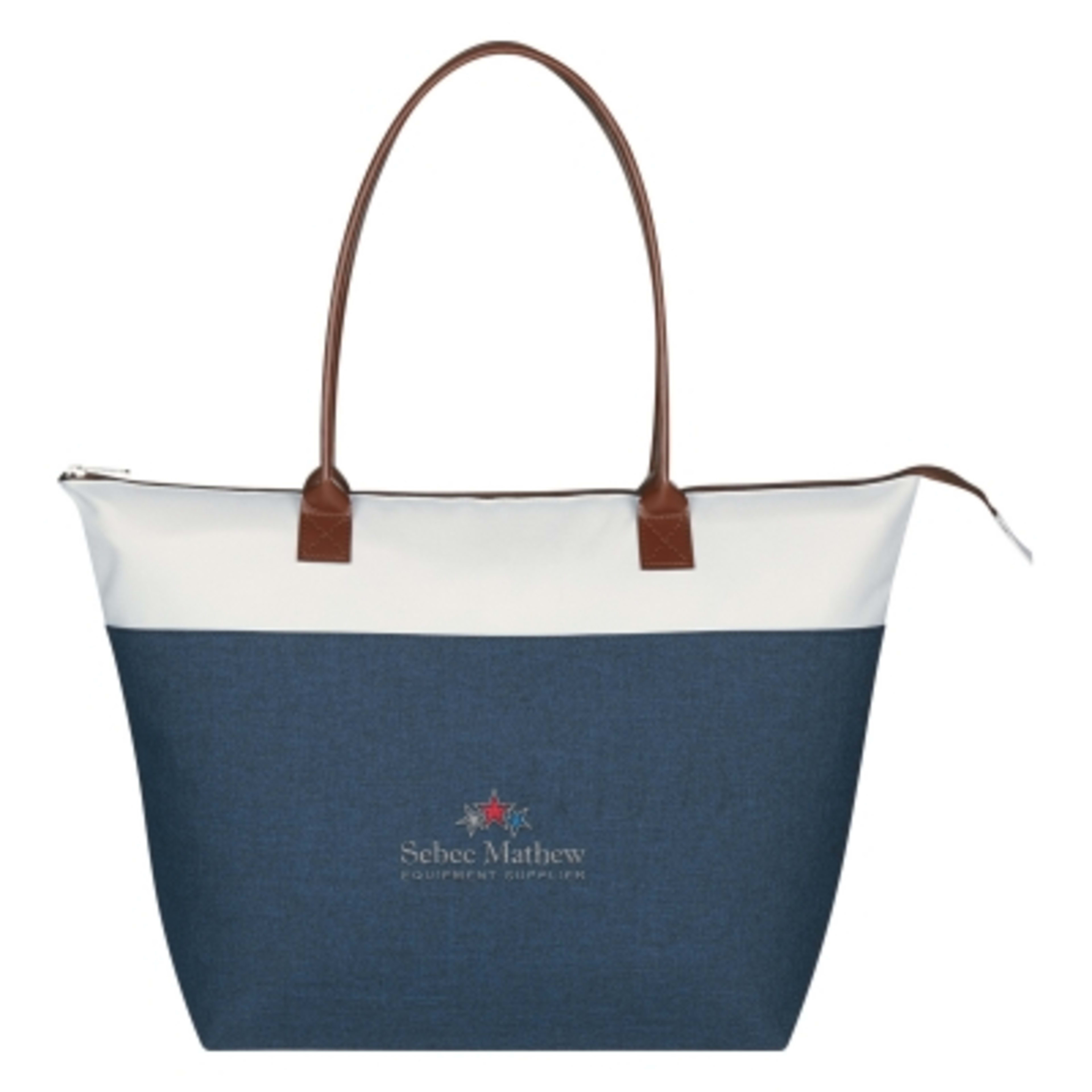 Tote Bag Zippered Polycanvas with Leatherette - 19 x 13 in - Blue/White - Embroidery - product view 3