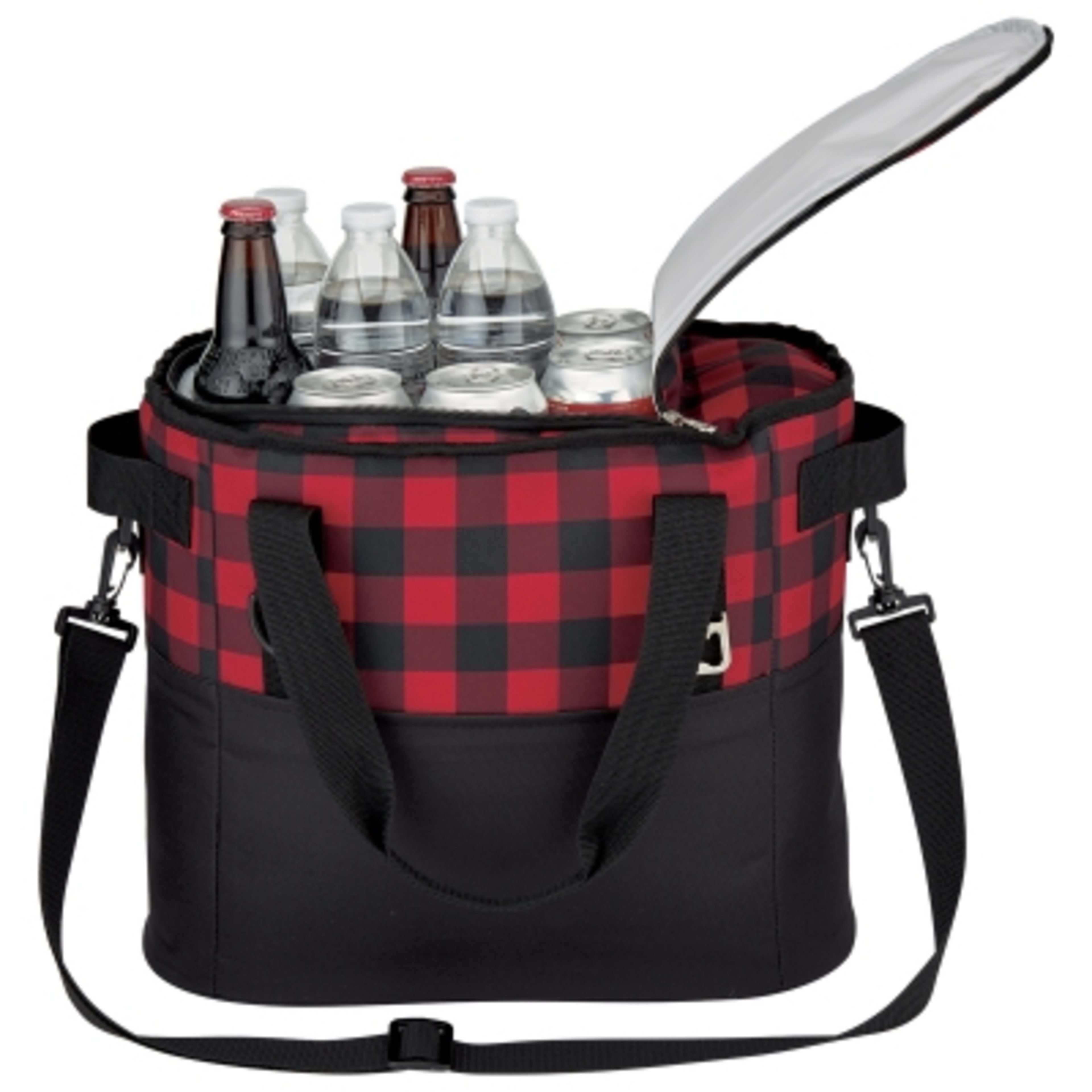 Cooler Bag Insulated with Bottle Opener - 15 x 12 in - Red/Black - Propped - product view 6