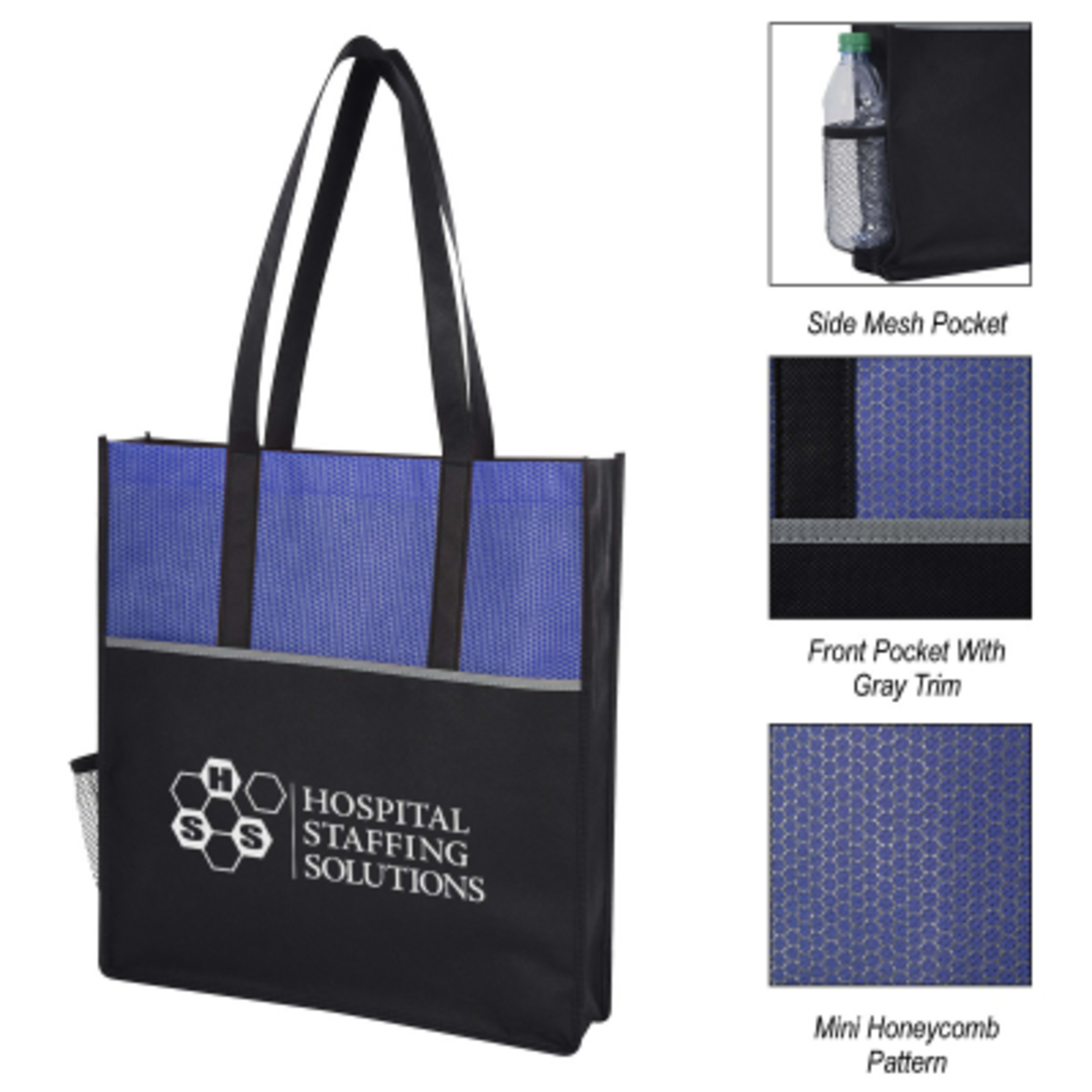 Tote Bag Non-Woven with Mesh Pocket Polypropylene - 15 x 16 in - Blue - Silkscreen - product view 1