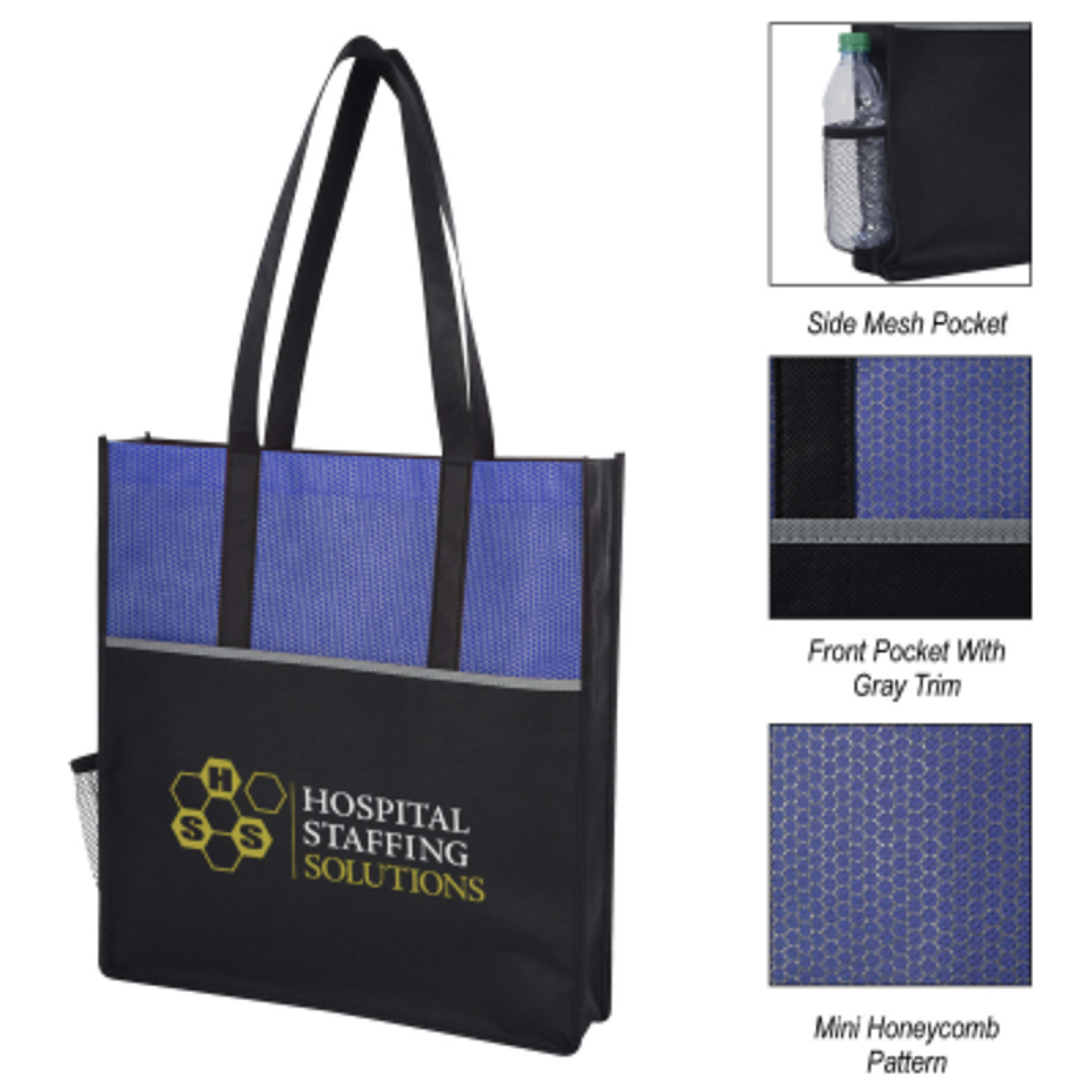 Tote Bag Non-Woven with Mesh Pocket Polypropylene - 15 x 16 in - Blue - Colorbrite - product view 2