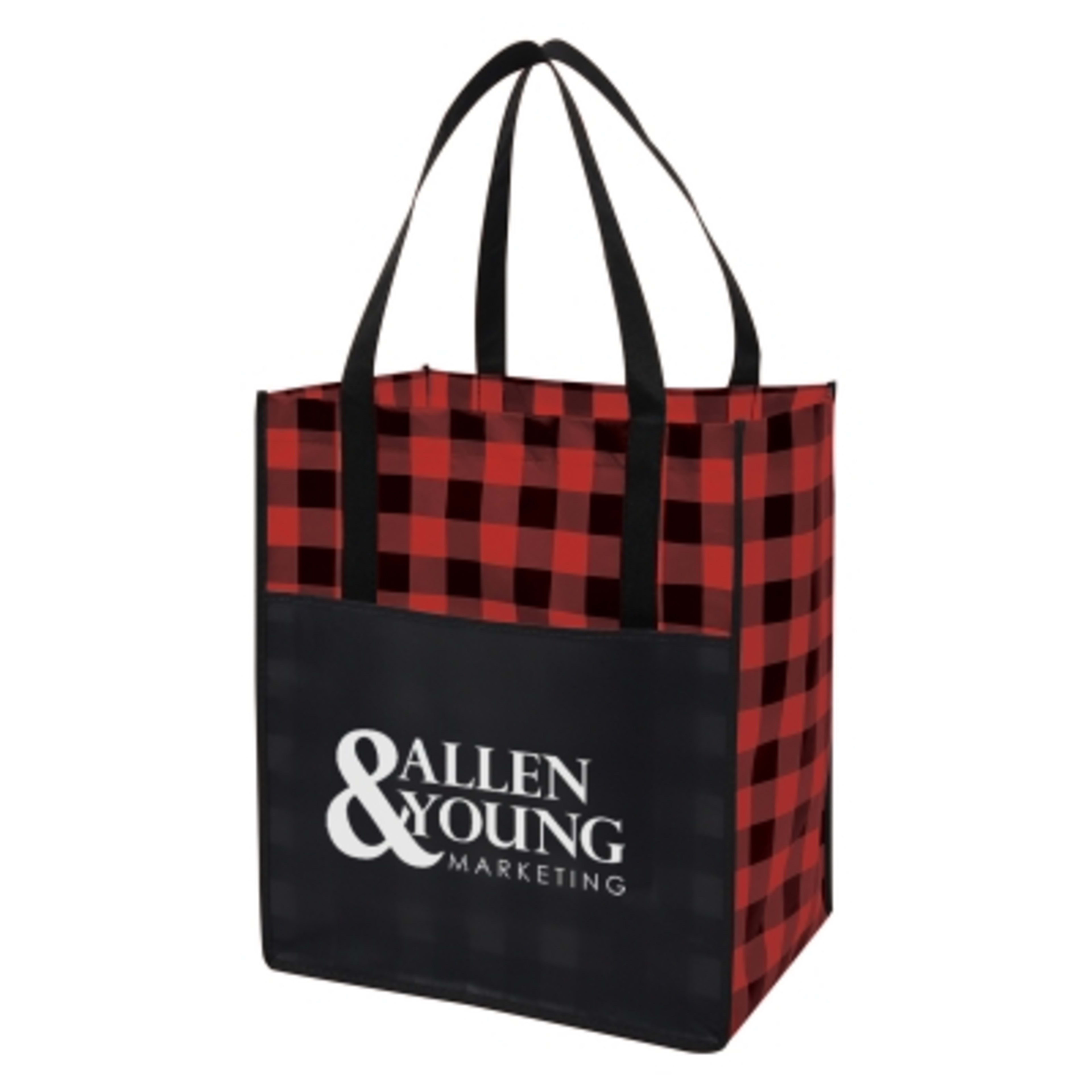 Laminated Non-Woven Tote Bag with Front Pocket - 13 x 15 x 10 in - Black/Red - Silkscreen - promotional product with custom logo