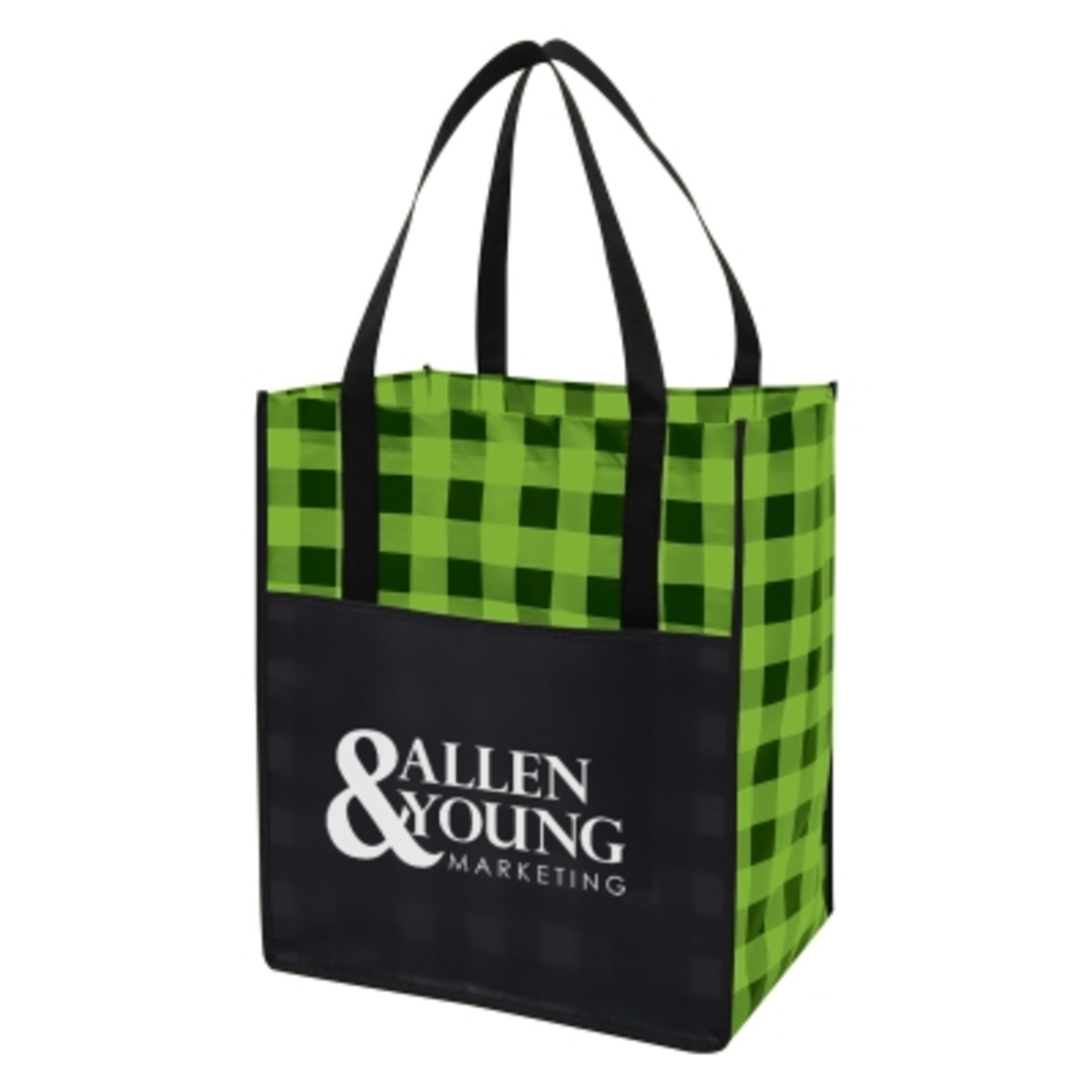 Laminated Non-Woven Tote Bag with Front Pocket - 13 x 15 x 10 in - Black/Green - Silkscreen - product view 2