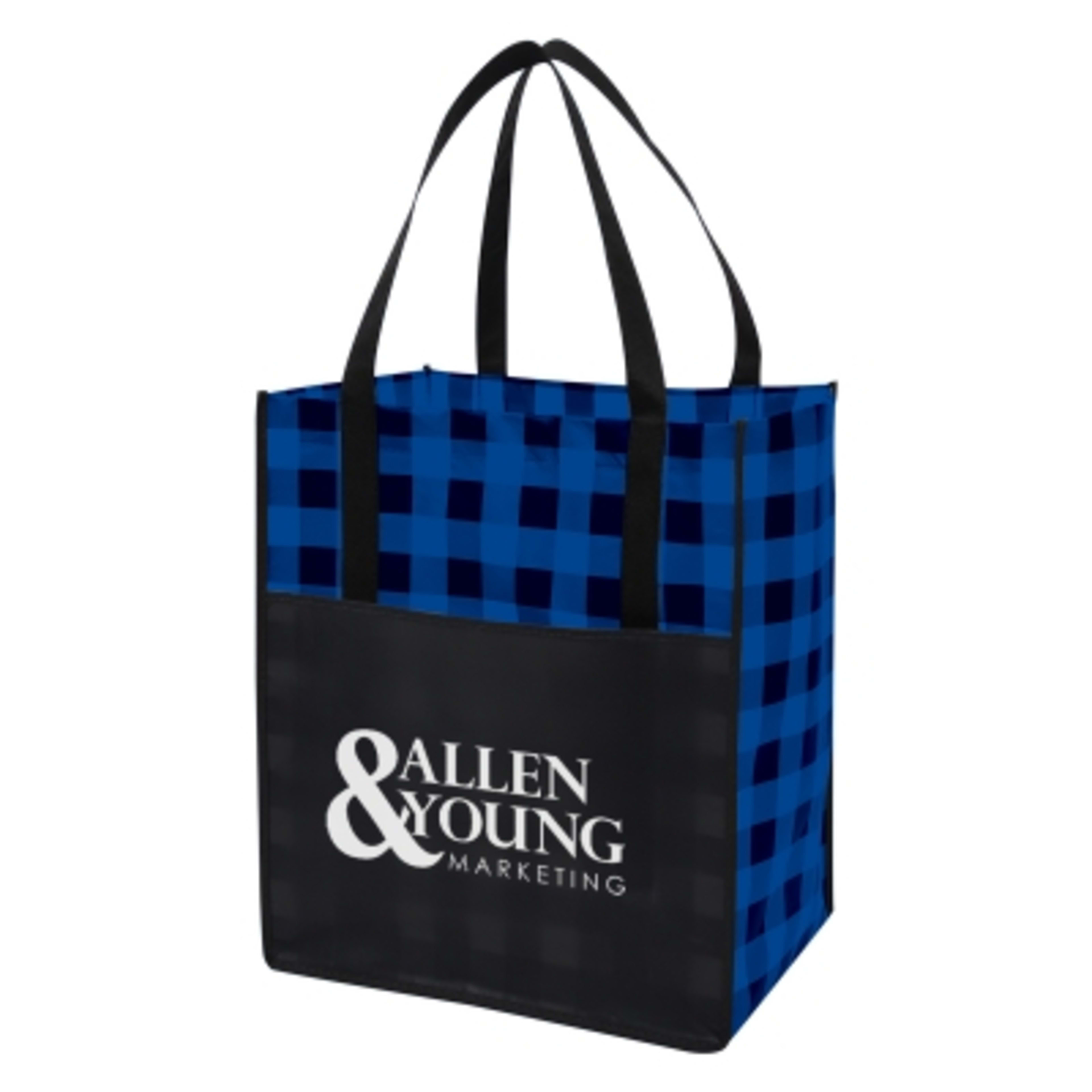 Laminated Non-Woven Tote Bag with Front Pocket - 13 x 15 x 10 in - Black/Blue - Silkscreen - product view 3