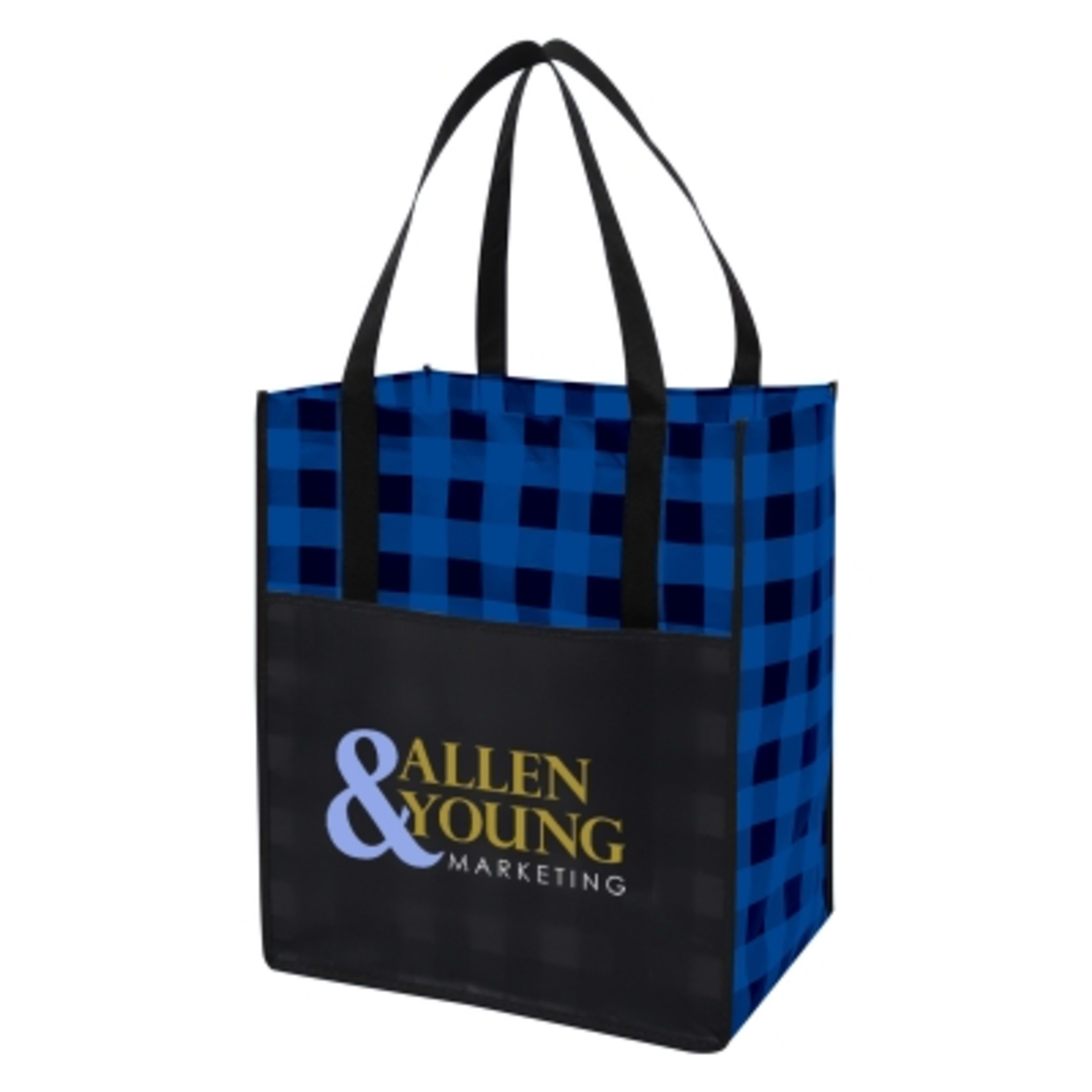 Laminated Non-Woven Tote Bag with Front Pocket - 13 x 15 x 10 in - Black/Blue - Colorbrite - product view 6