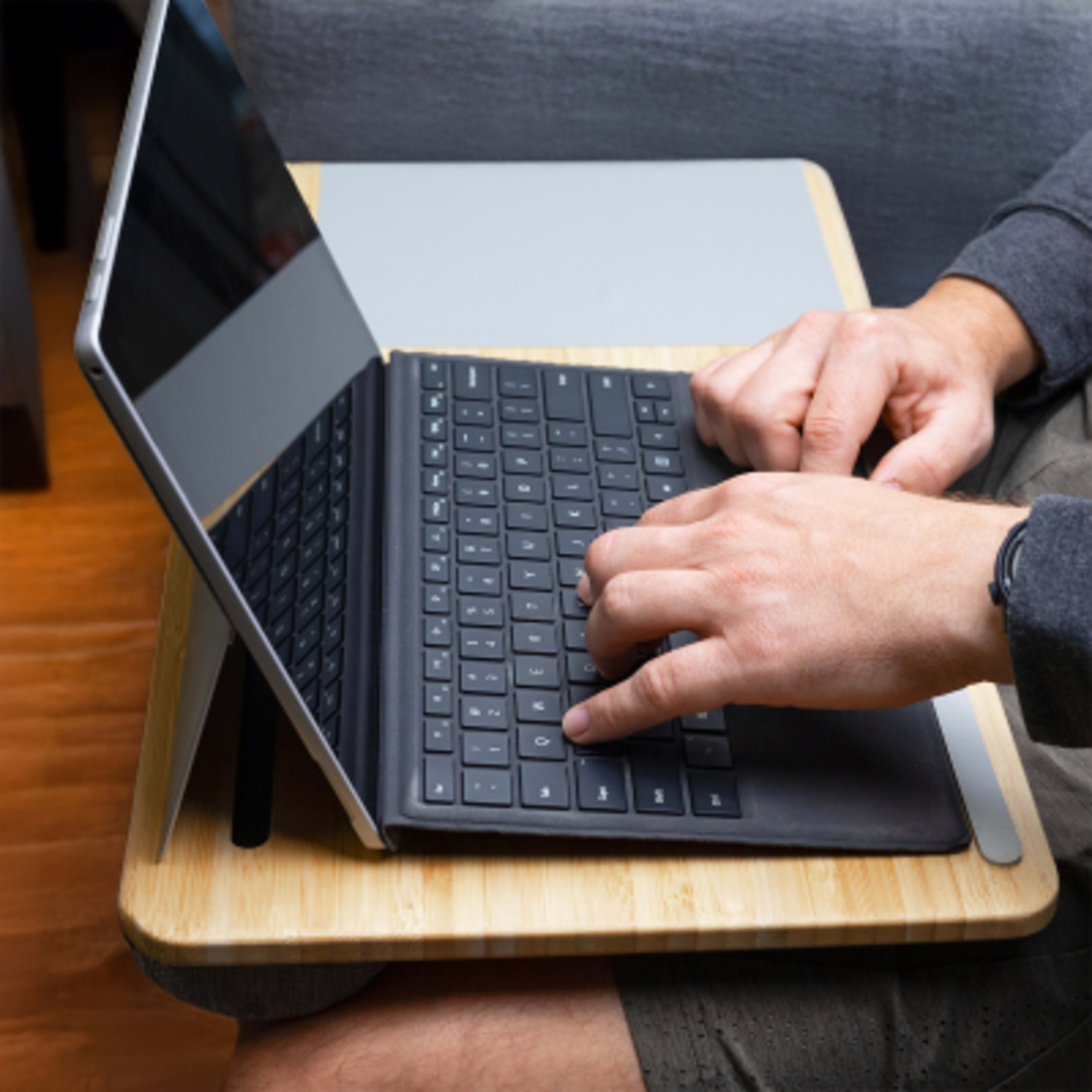 Bamboo Laptop Desk with Mouse Pad - 22 x 10 in - In Use - product view 3