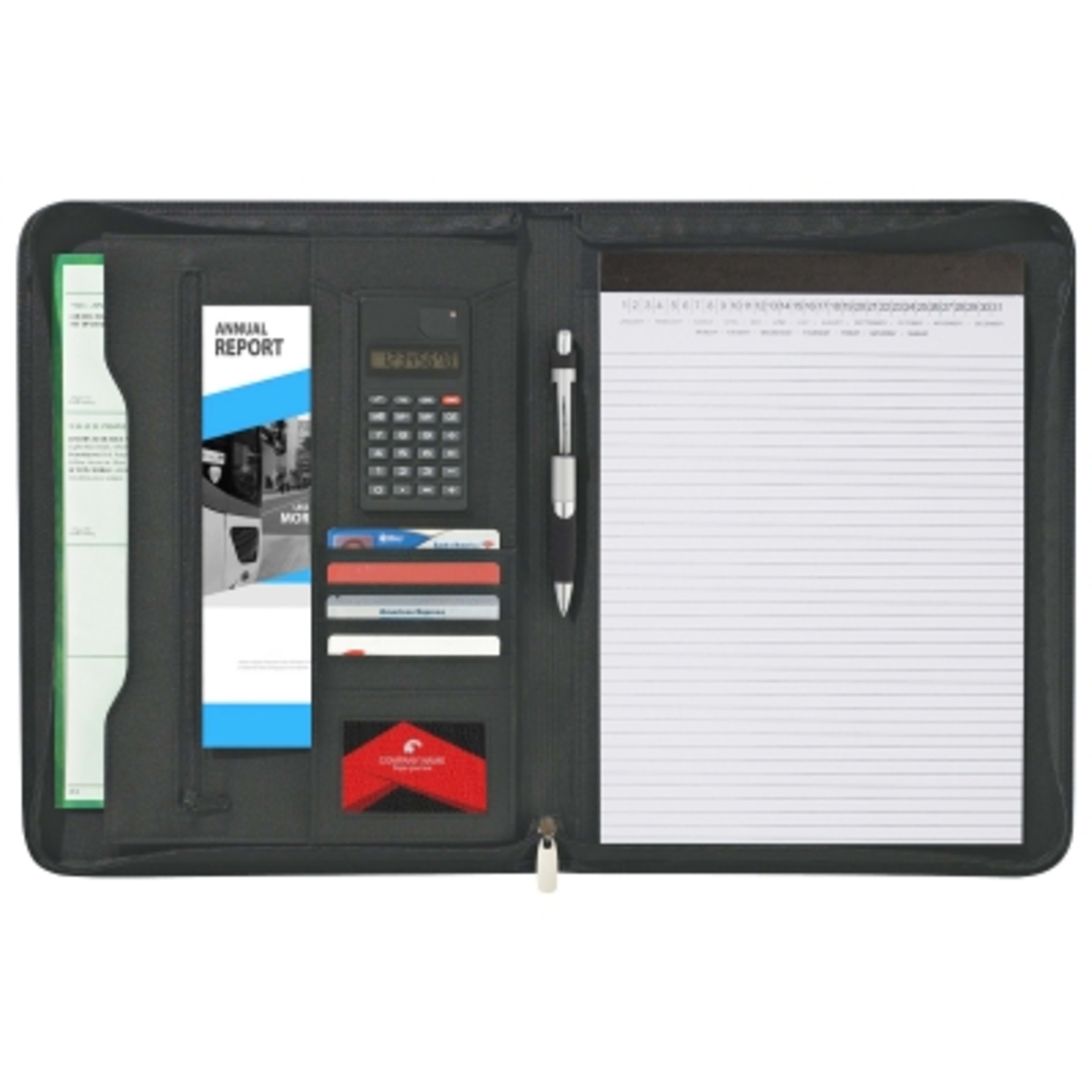 Portfolio Bonded Leather Zippered with Calculator - 10 x 13.25 in - Black - Open - product view 5