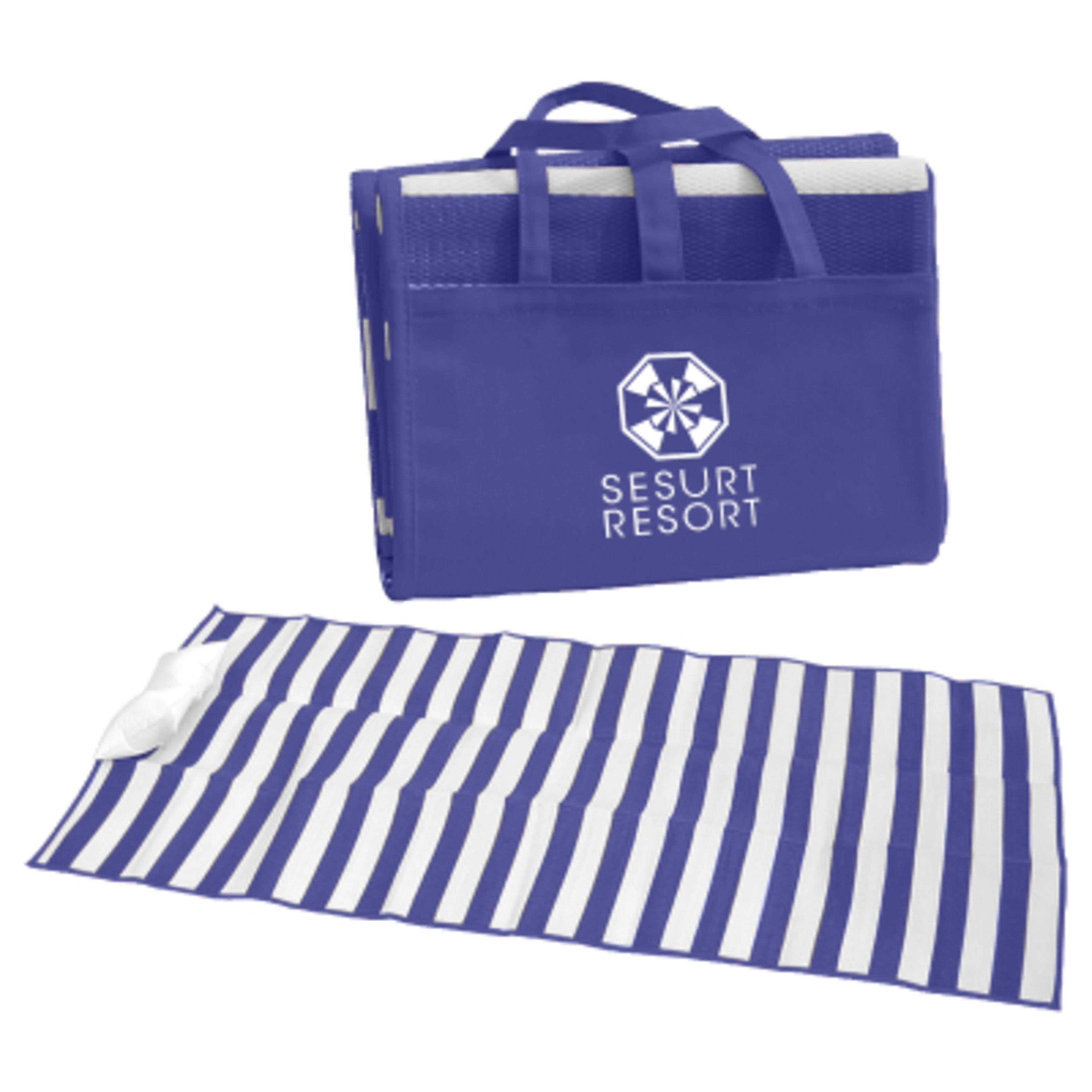Beach Mat Polypropylene with Inflatable Pillow - 36 x 72 in - Blue/White - Silkscreen - promotional product with custom logo