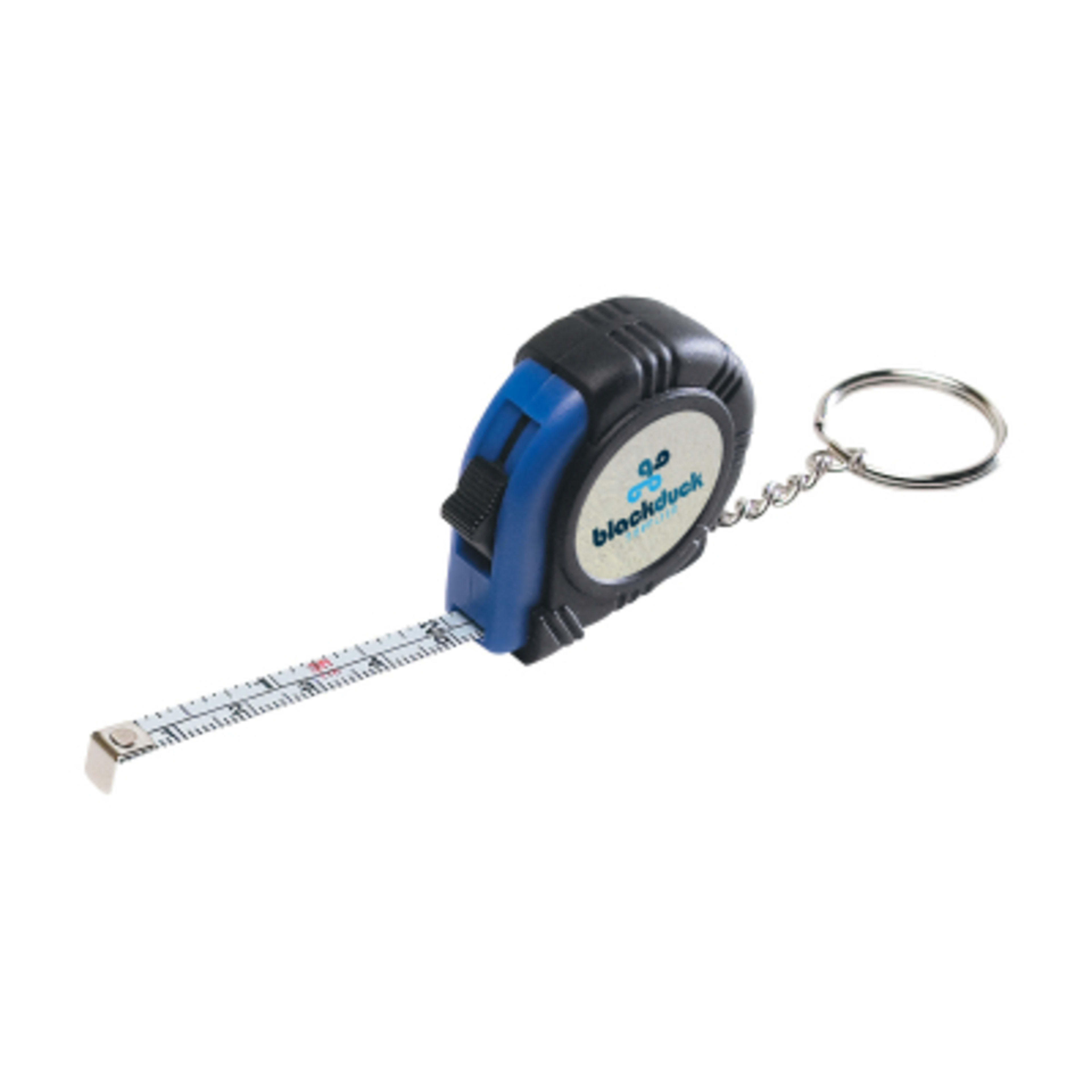Tape Measure Key Tag Rubber 39 Inch Steel - 1.5 in - Blue/Black - White Label - promotional product with custom logo