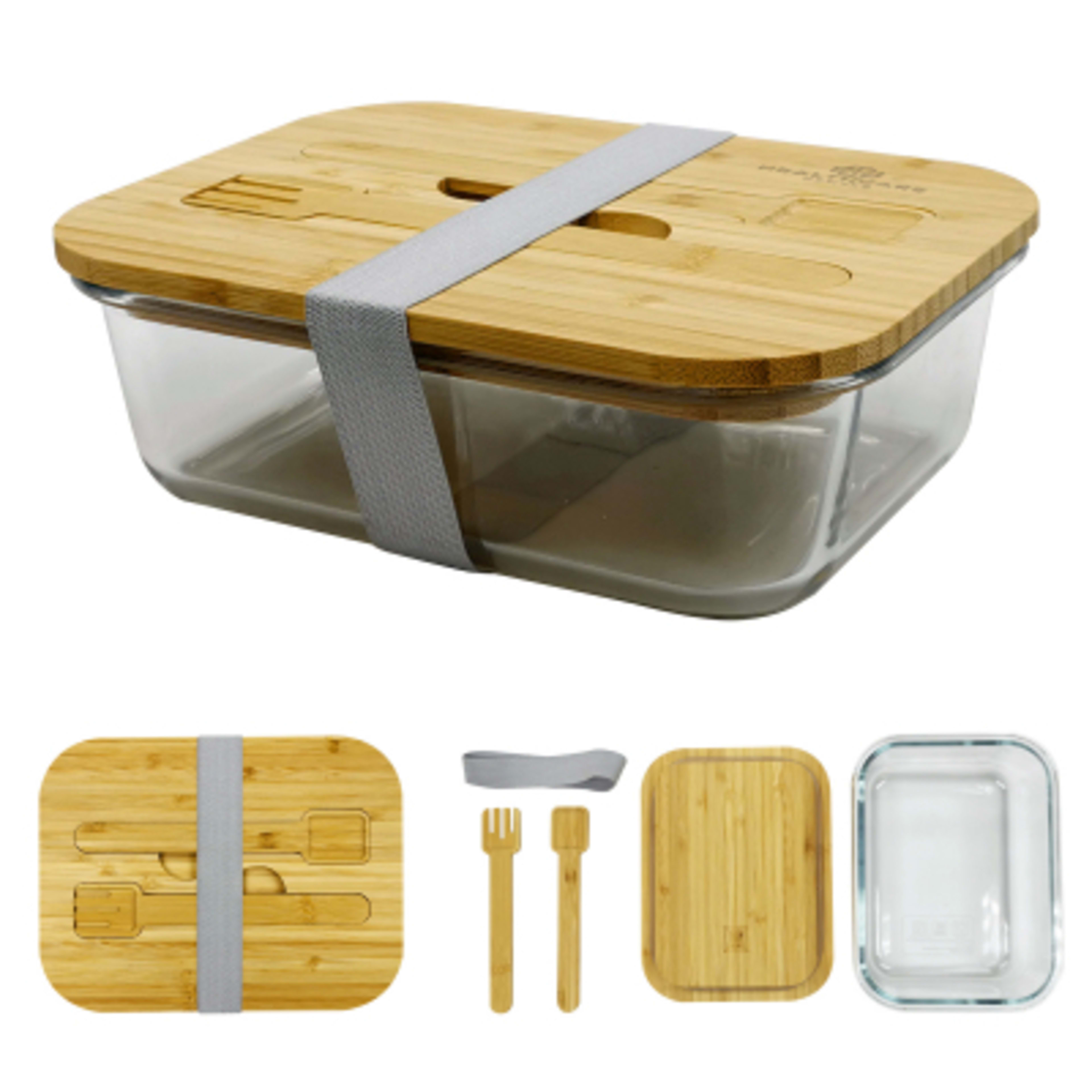 Glass Bento Box with Bamboo Lid and Utensils - 9.75 in - Group Shot - promotional product with custom logo