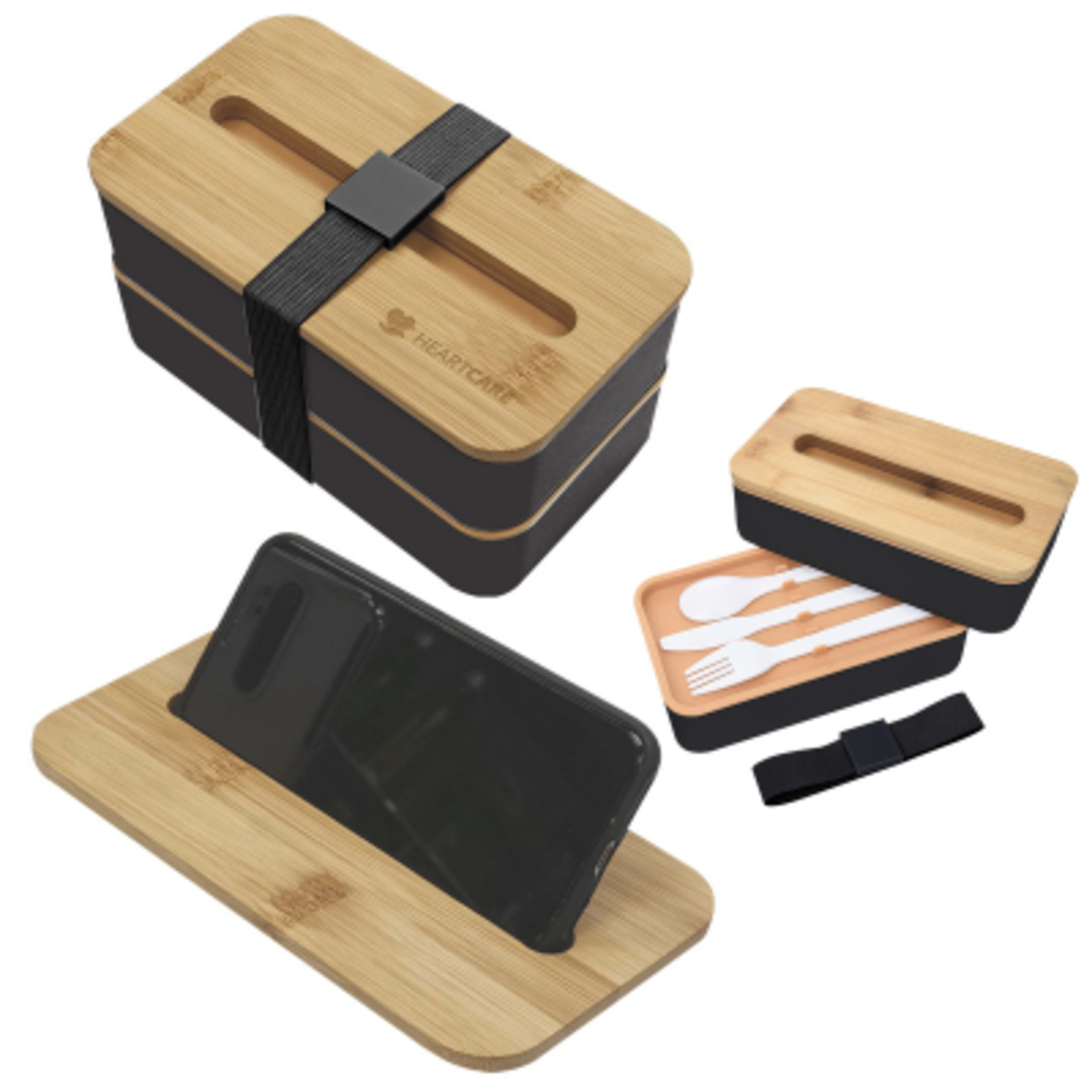Stackable Bento Box with Phone Stand Bamboo Lid - 7.25 in - Black/Black - Laser - product view 1