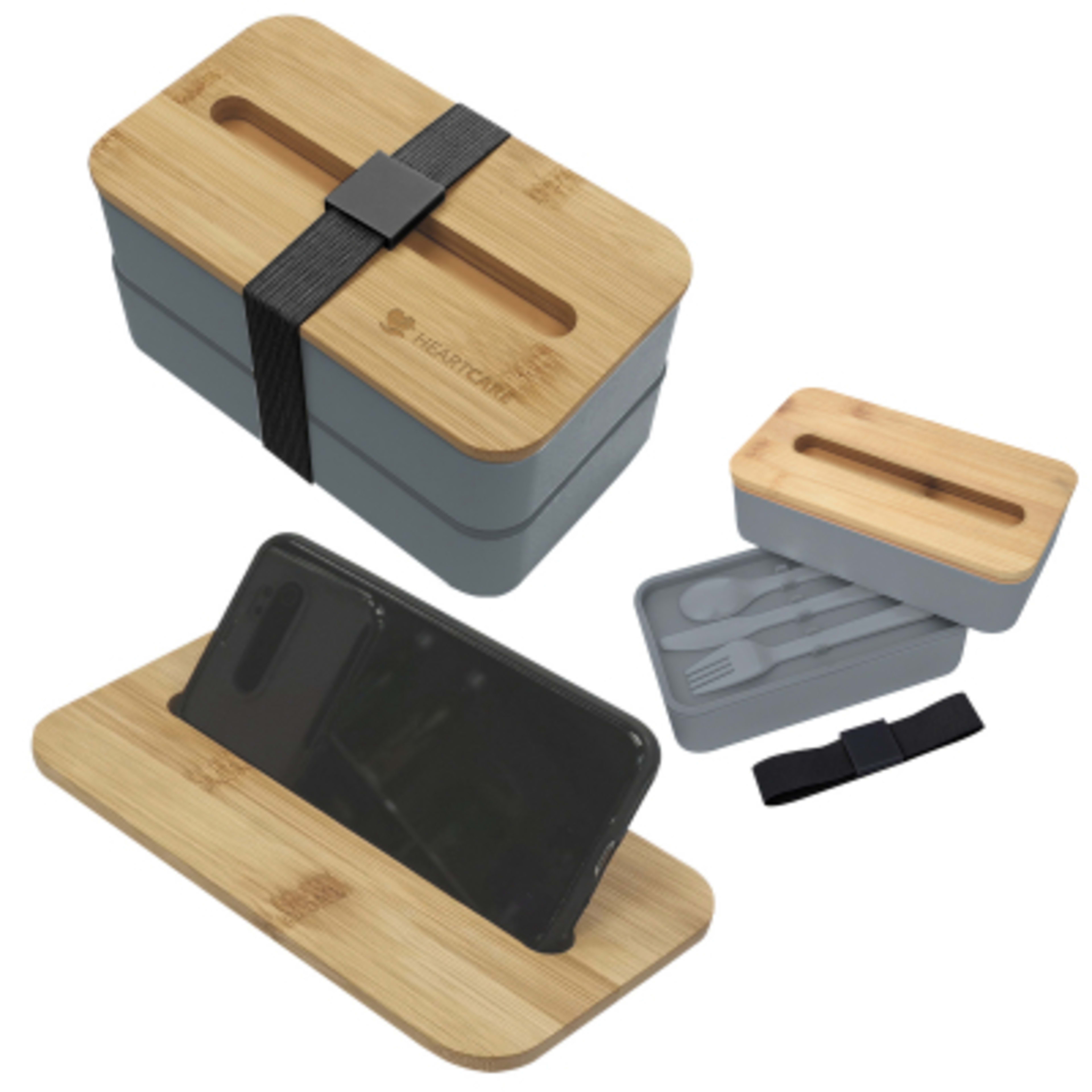 Stackable Bento Box with Phone Stand Bamboo Lid - 7.25 in - Gray/Black - Laser - product view 2