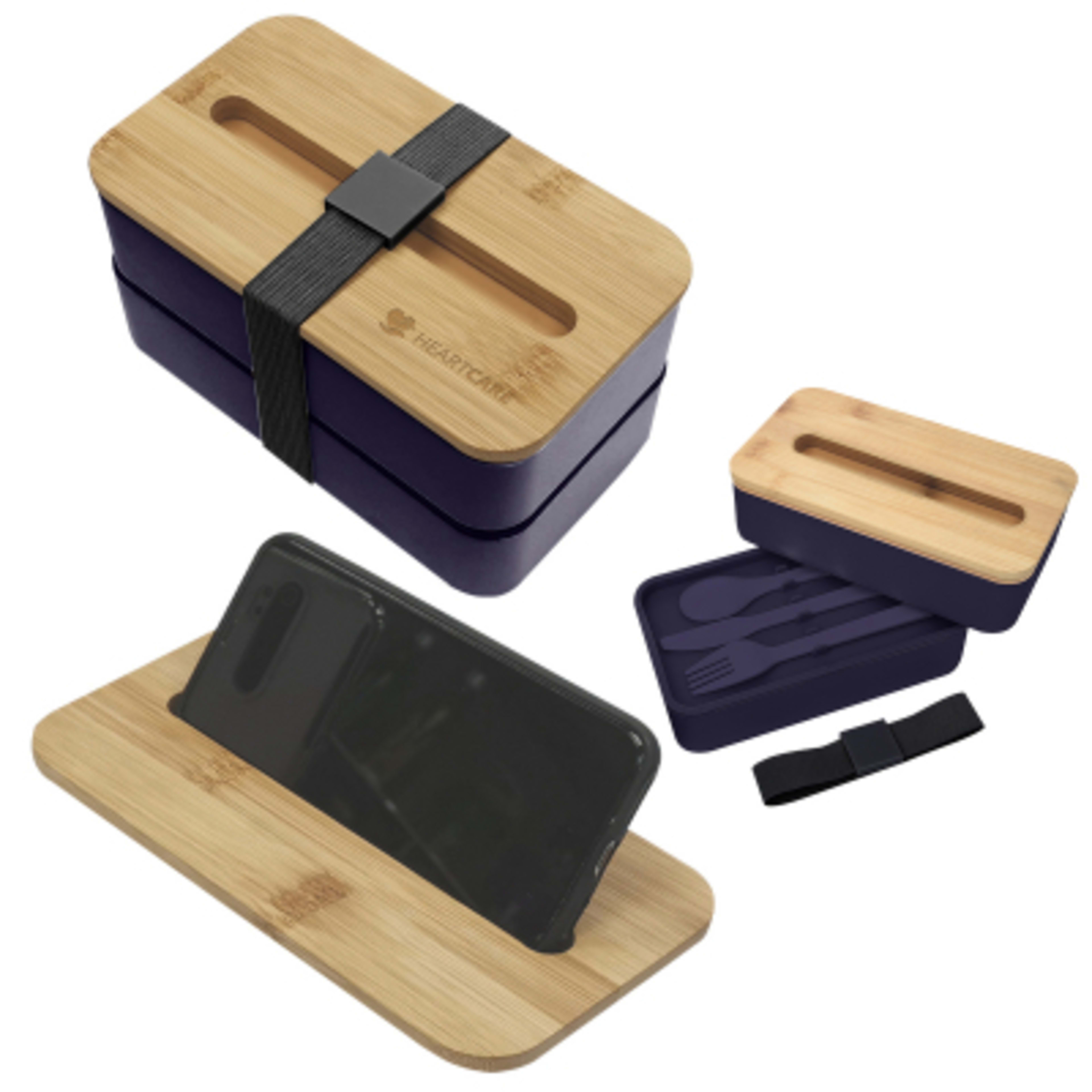 Stackable Bento Box with Phone Stand Bamboo Lid - 7.25 in - Navy/Black - Laser - product view 3