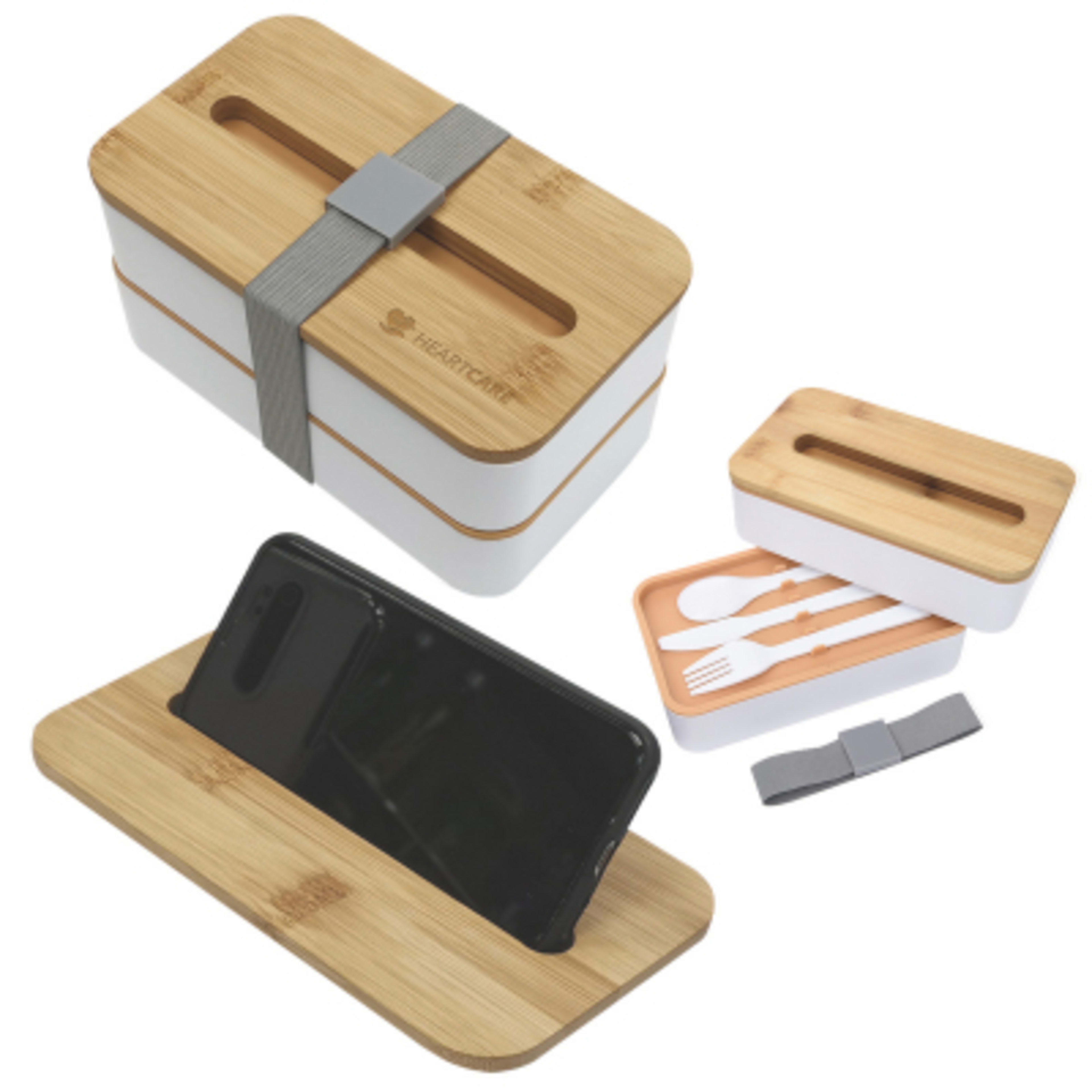 Stackable Bento Box with Phone Stand Bamboo Lid - 7.25 in - White/Gray - Laser - product view 4