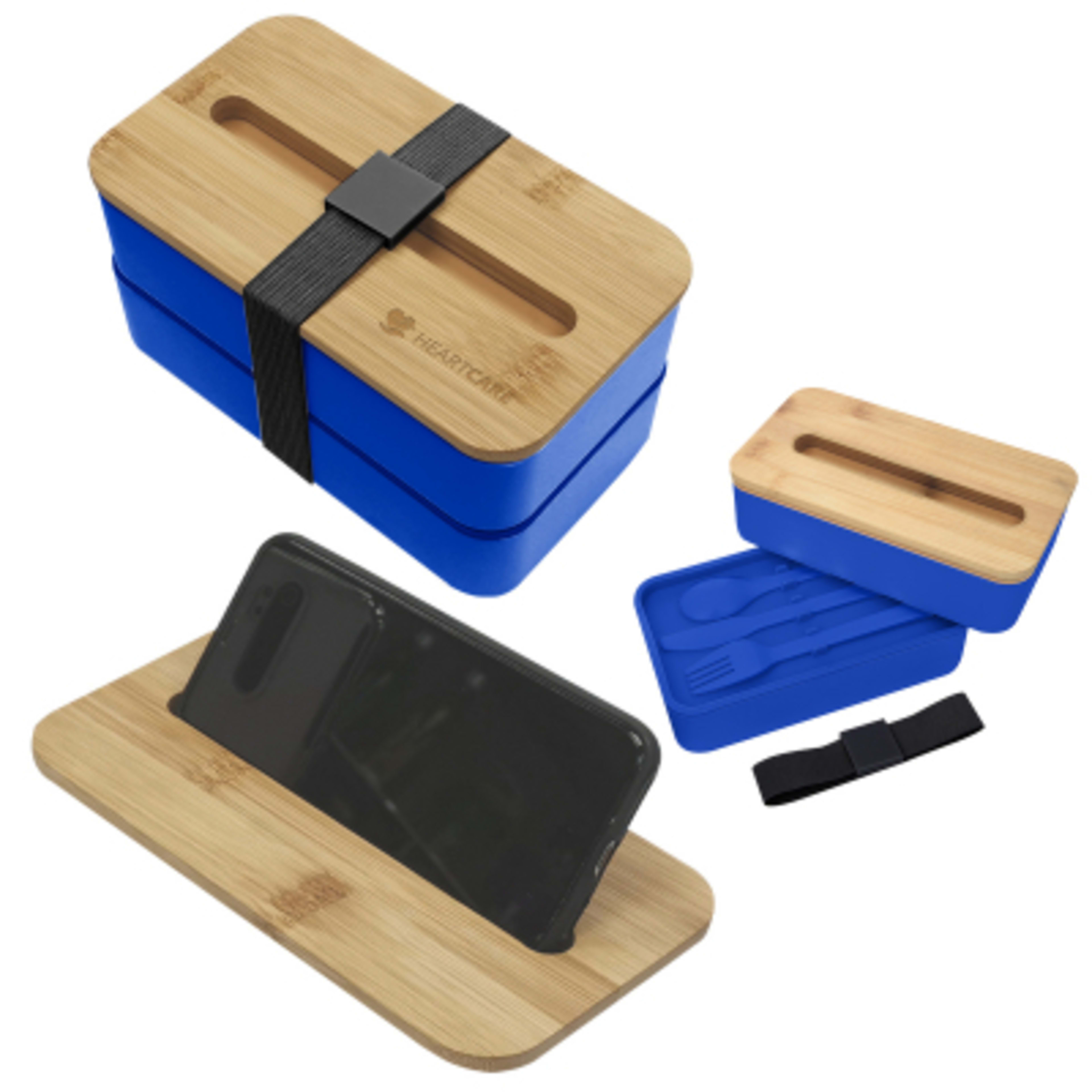 Stackable Bento Box with Phone Stand Bamboo Lid - 7.25 in - Blue/Black - Laser - product view 5