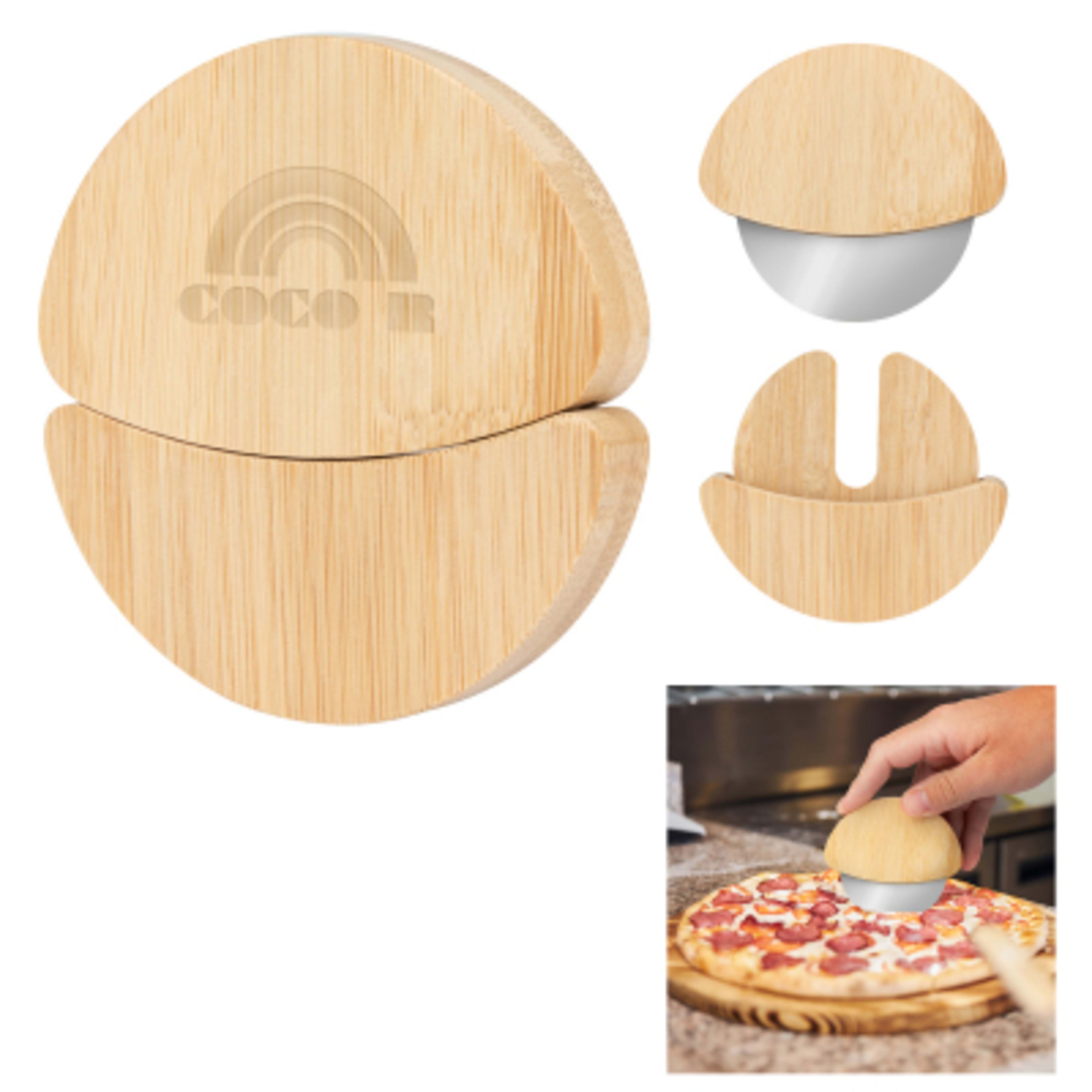 Pizza Cutter Bamboo Handle with Blade Cover - 3.25 in - Group Shot - product view 2