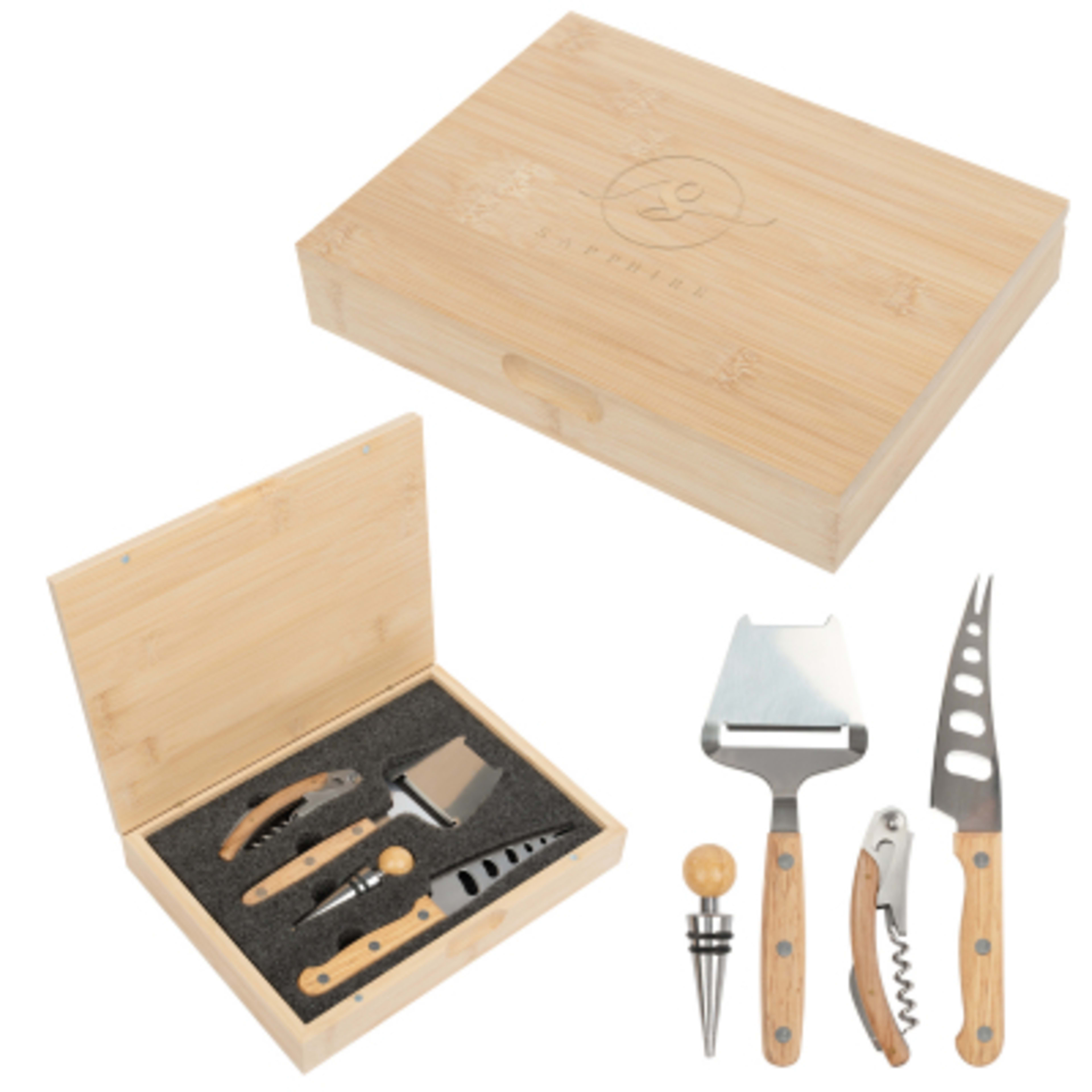 Wine and Cheese Knife Set Bamboo Box 4 Piece - NAT - Laser - product view 1