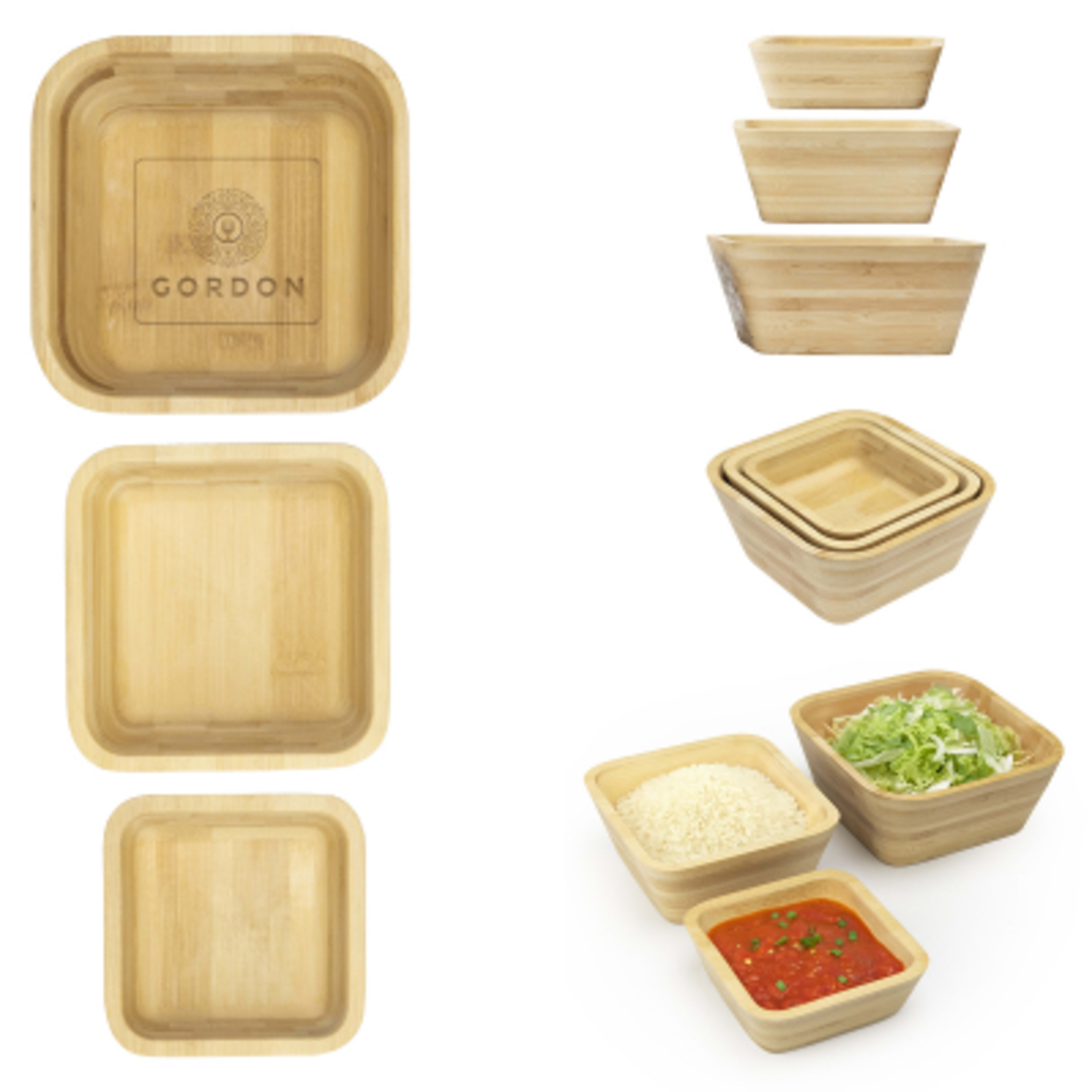 Bamboo Nesting Bowl Set Square FSC Certified - 3 Piece - FSC/BAM/BOO - Laser - promotional product with custom logo
