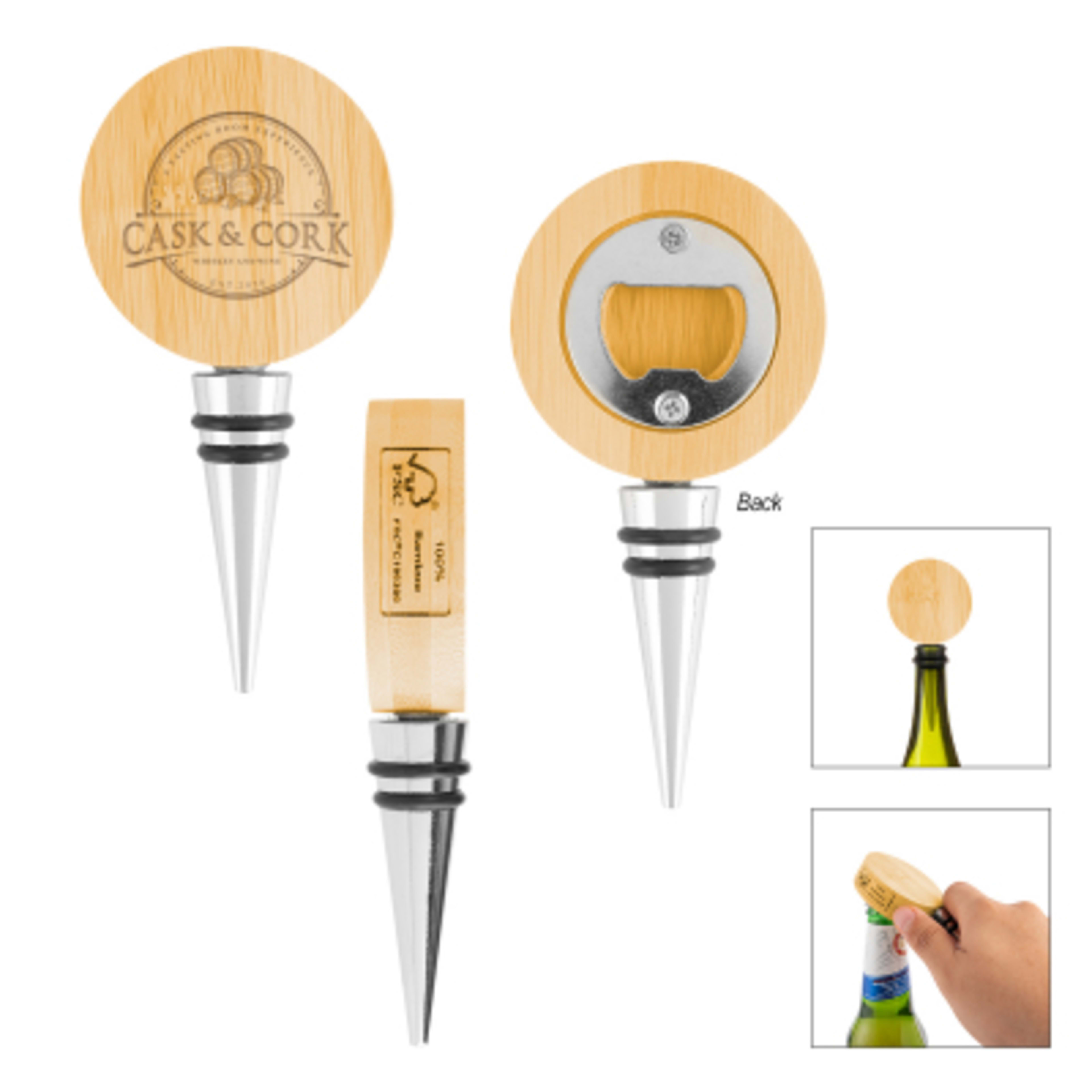 Bamboo Wine Stopper with Bottle Opener - 4.75 in - Group Shot - product view 2