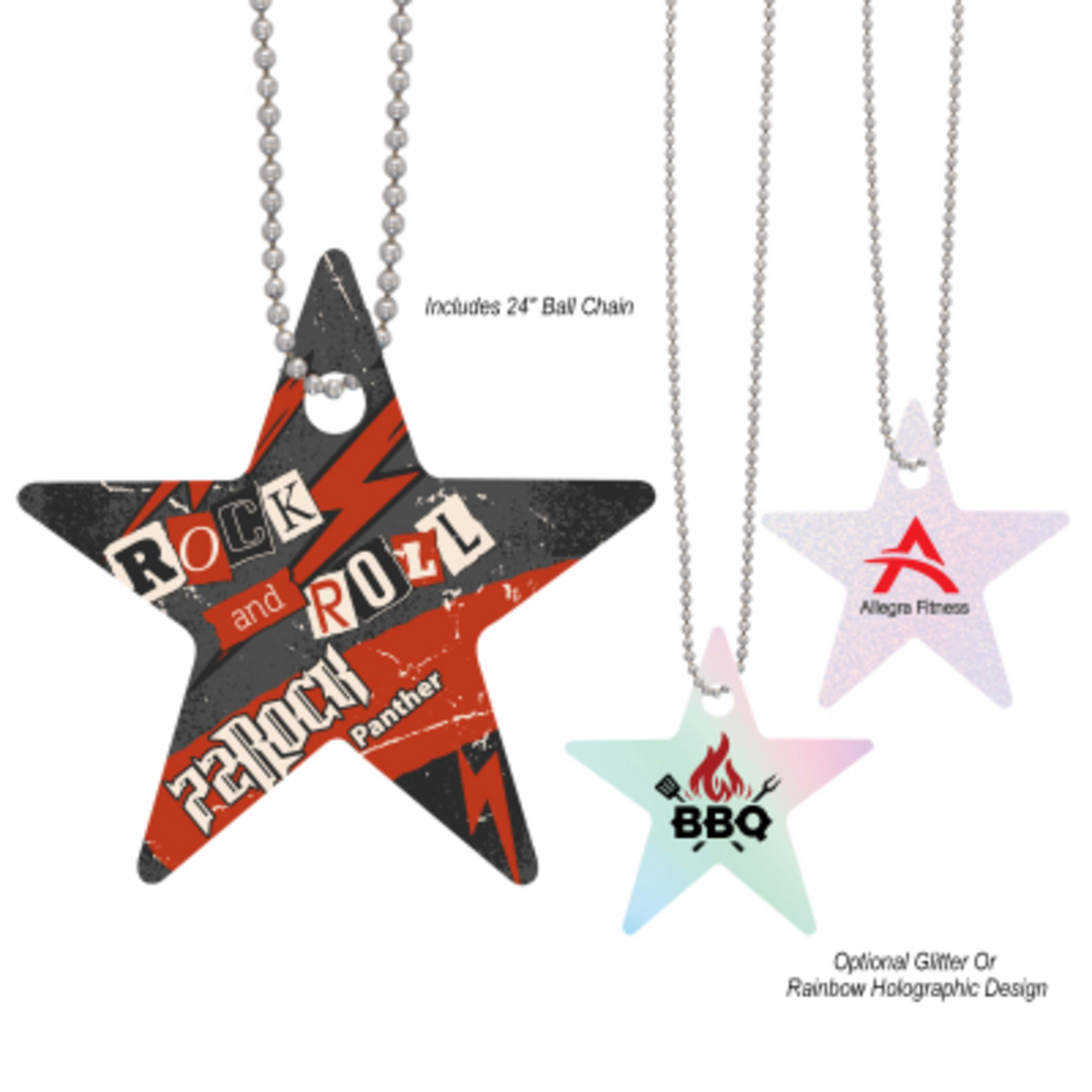 Acrylic Charm with Chain Star Shape - 2 in Diameter - Group Shot - promotional product with custom logo