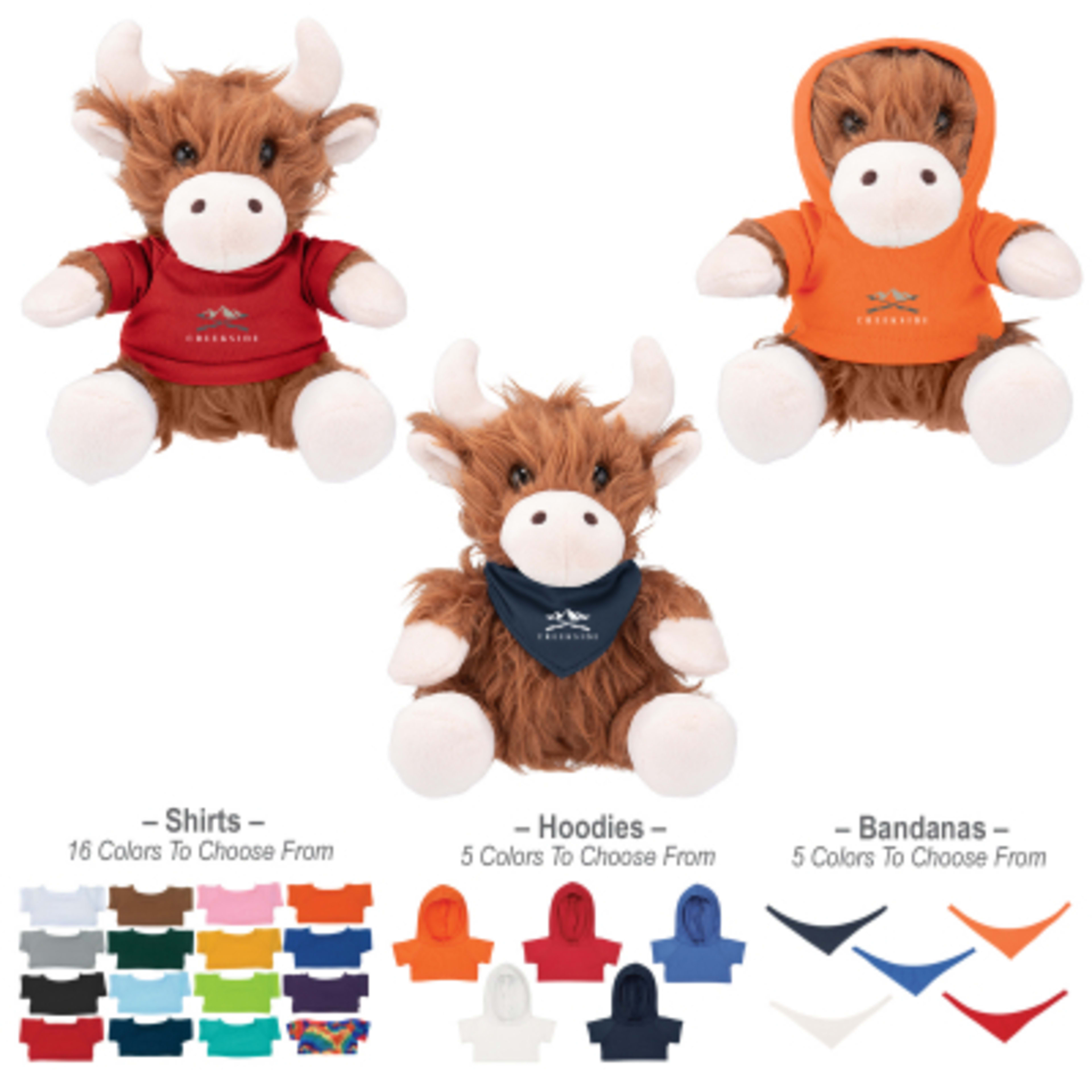 Plush Highland Cow with Custom Apparel - 6 in Sitting - Group Shot - product view 1