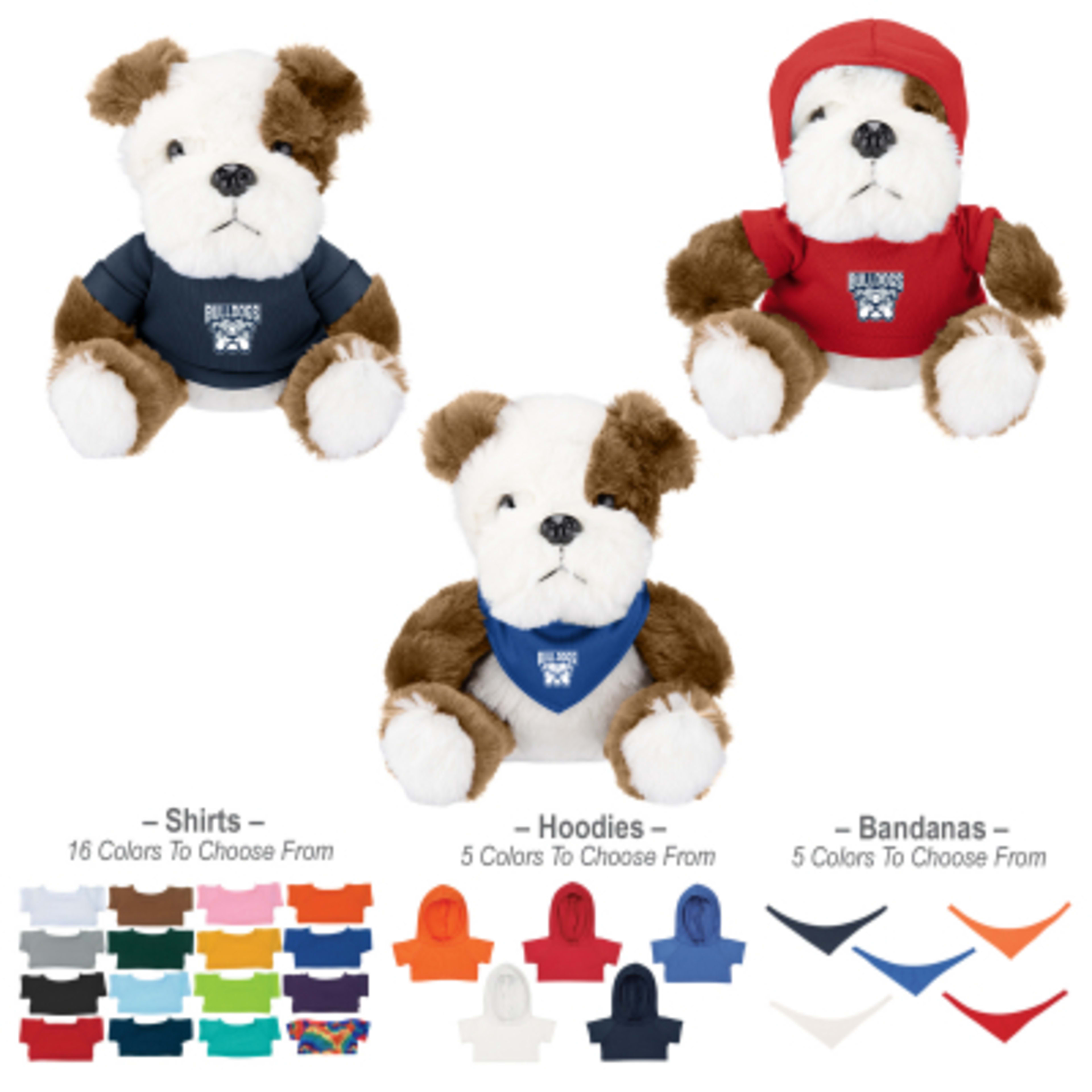Plush Bulldog with Custom Apparel - 6 in Sitting - Group Shot - promotional product with custom logo