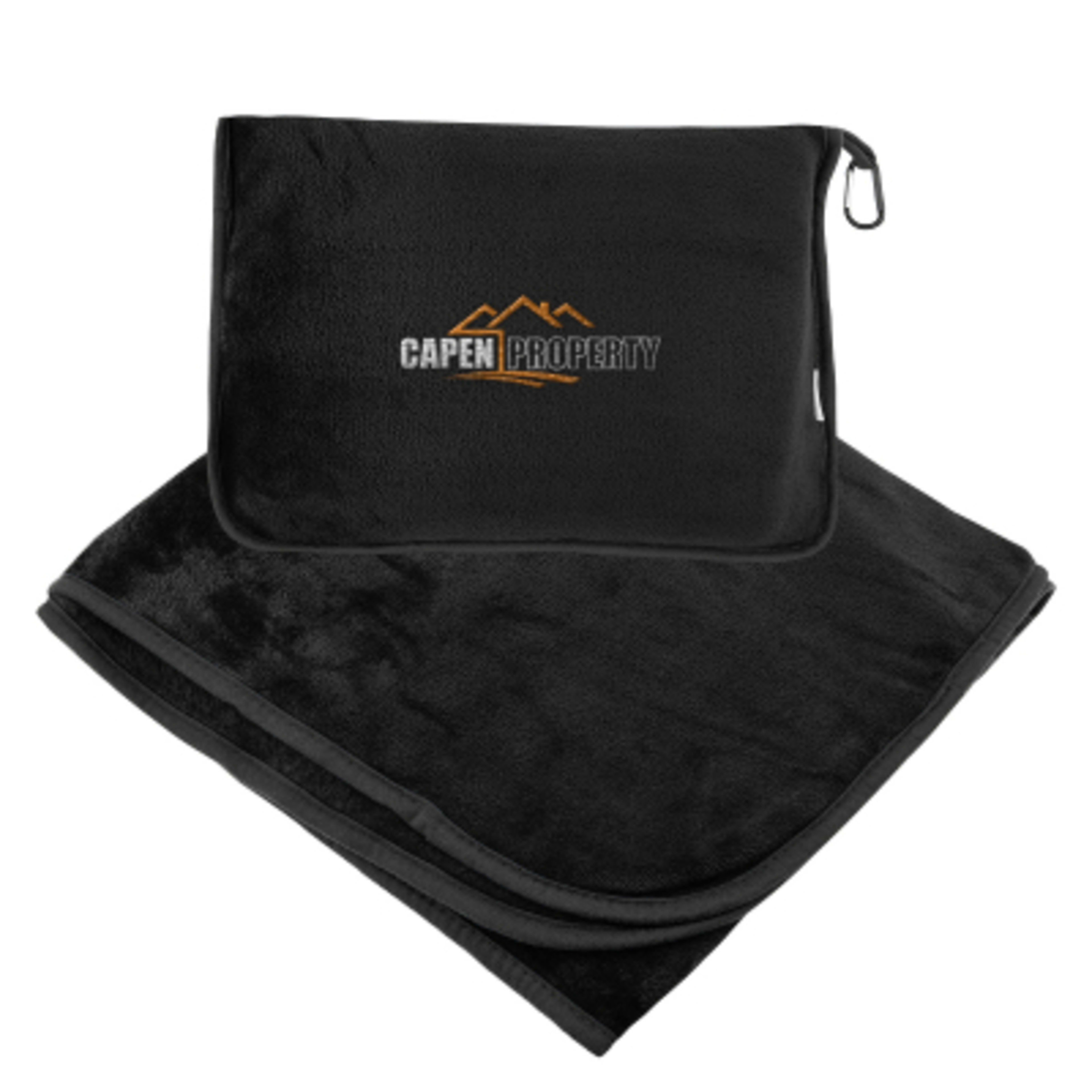 Travel Blanket rPET Fleece Trolley Pillow Pouch - 40 x 60 in - Black - Embroidery - product view 1