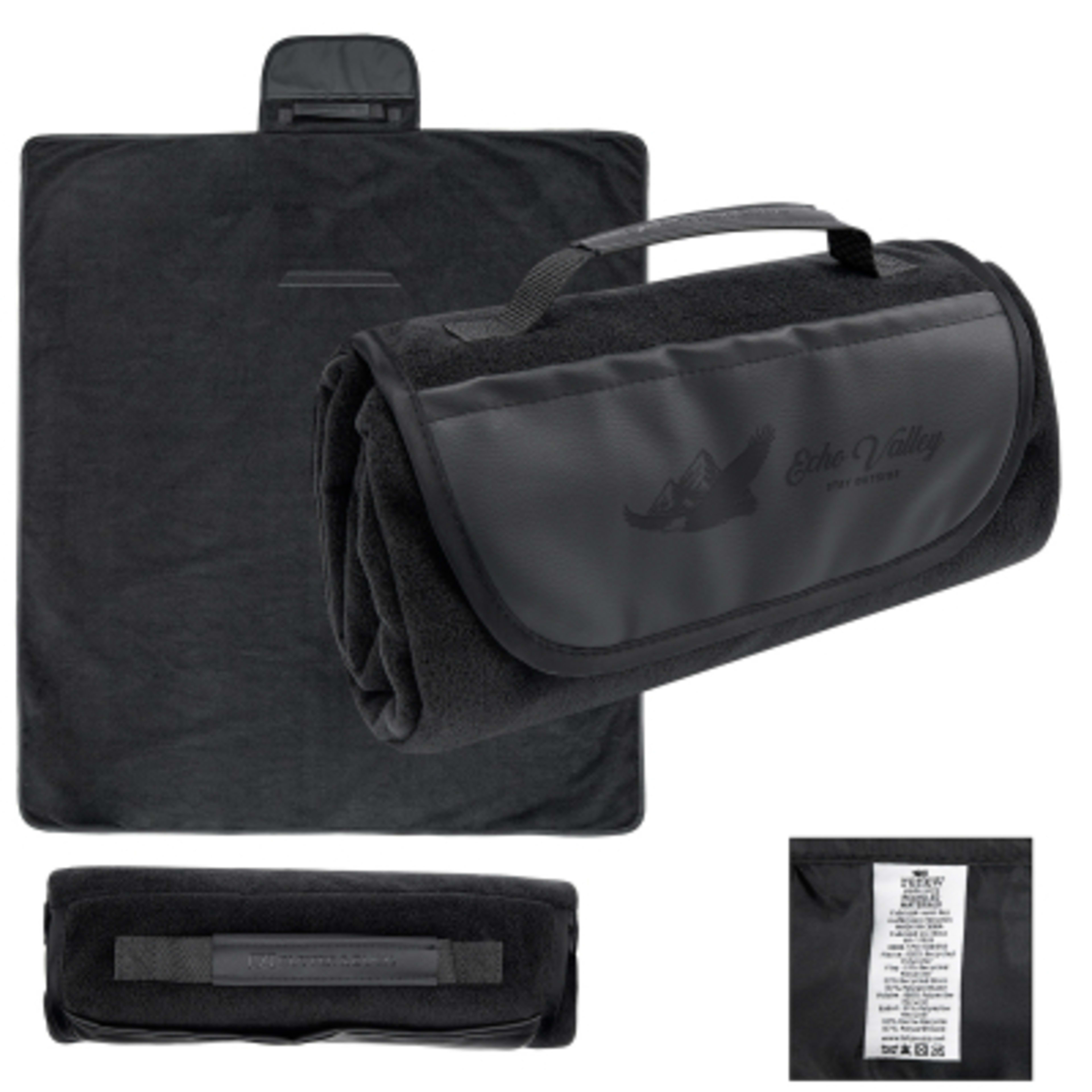 Roll-Up Blanket rPET Fleece Leatherette Flap - 47 x 52 in - Group Shot - promotional product with custom logo