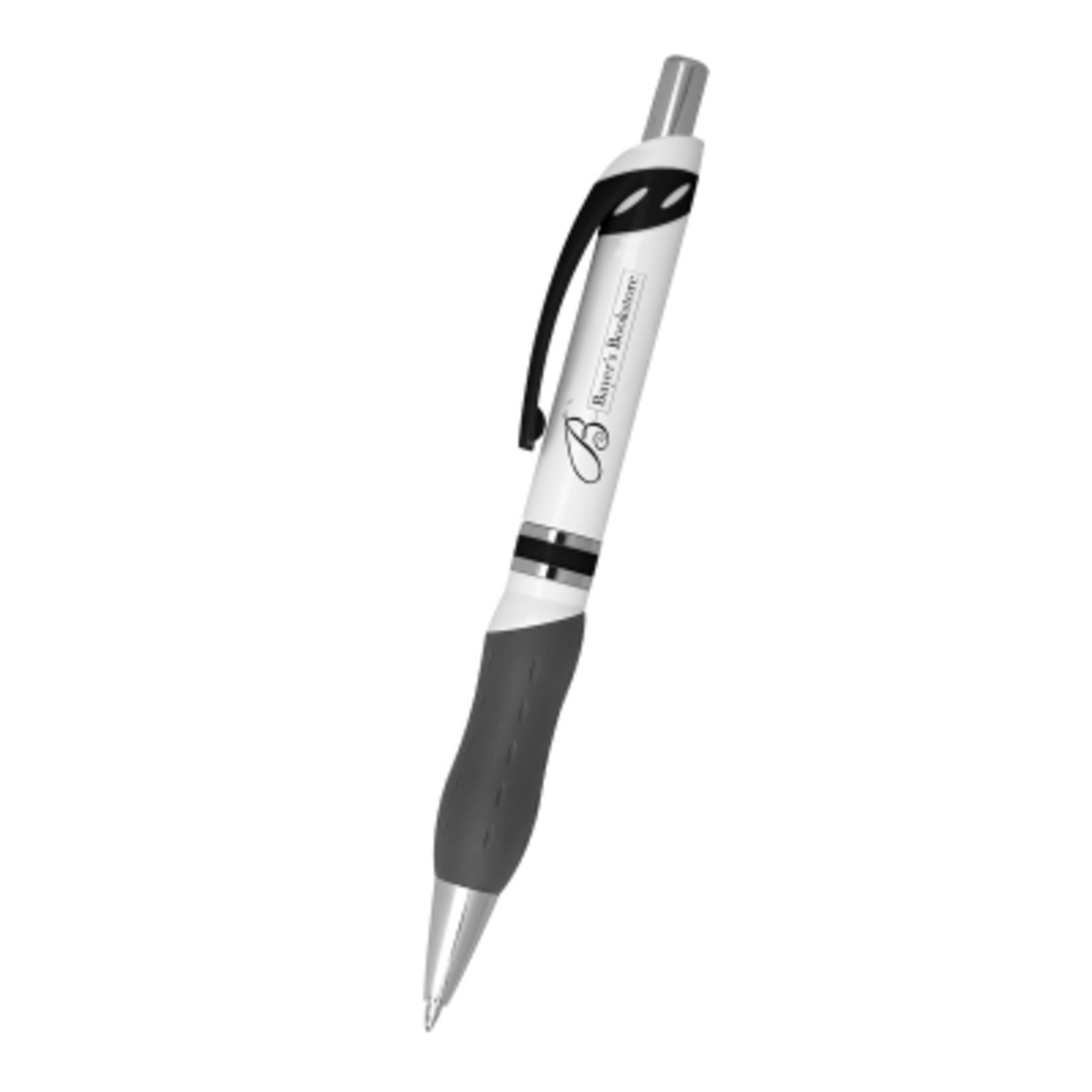 Ballpoint Pen Rubber Grip Plunger Action - 5.5 in - White/Black - Silkscreen - product view 1