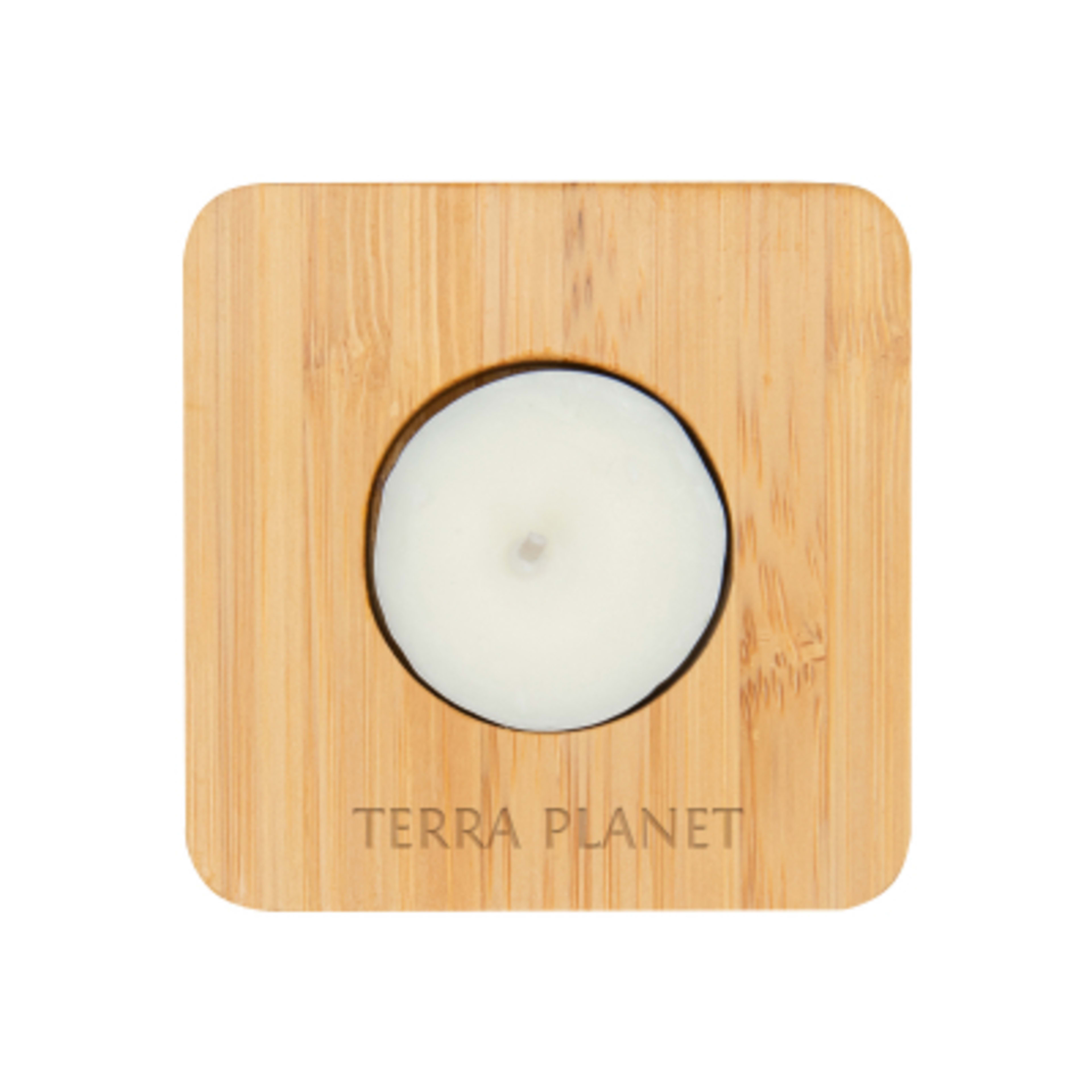 Tea Light Candle Holder Bamboo Reusable With Candle - 3 x 3 x 0.75 in - NAT - Laser - promotional product with custom logo