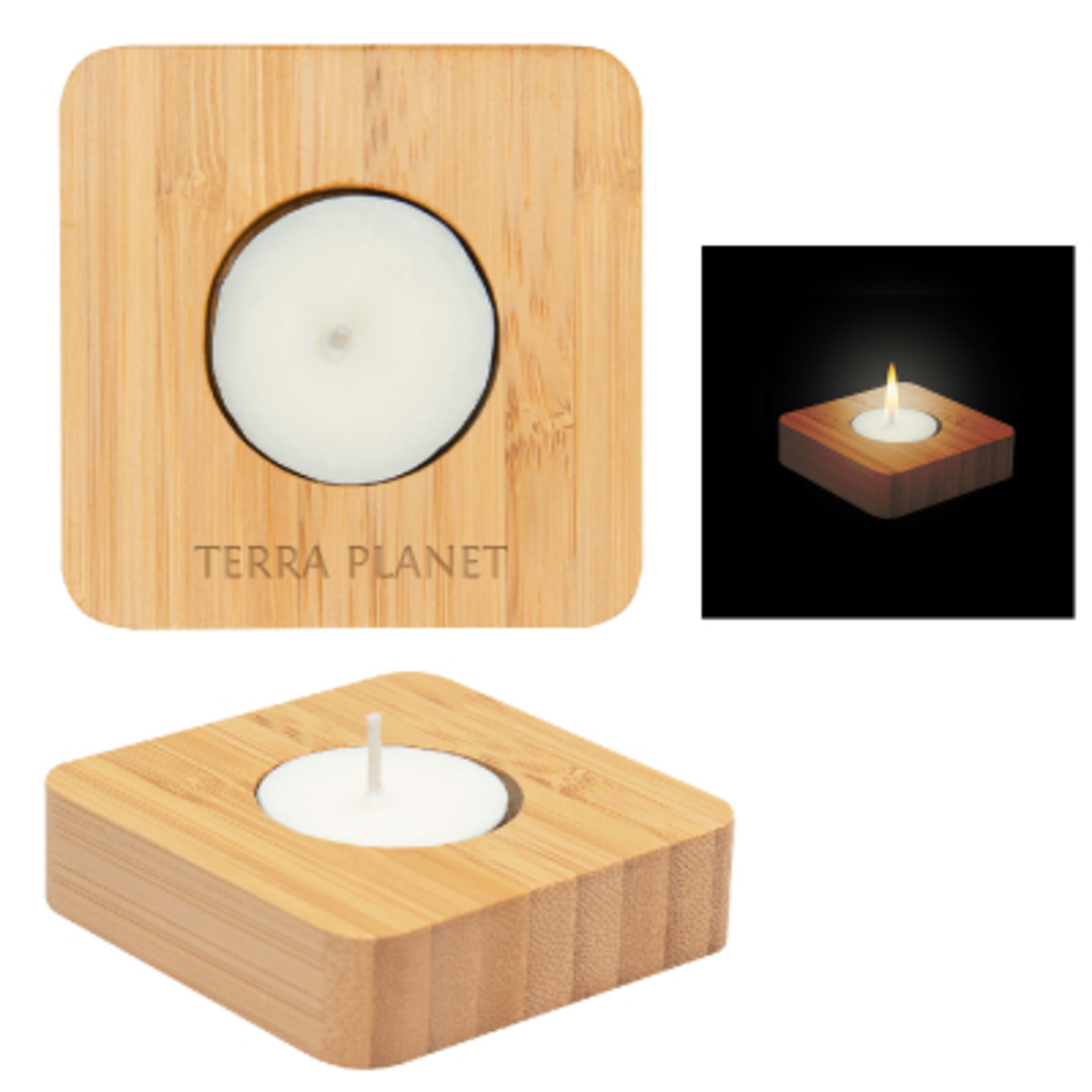 Tea Light Candle Holder Bamboo Reusable With Candle - 3 x 3 x 0.75 in - Group Shot - product view 2