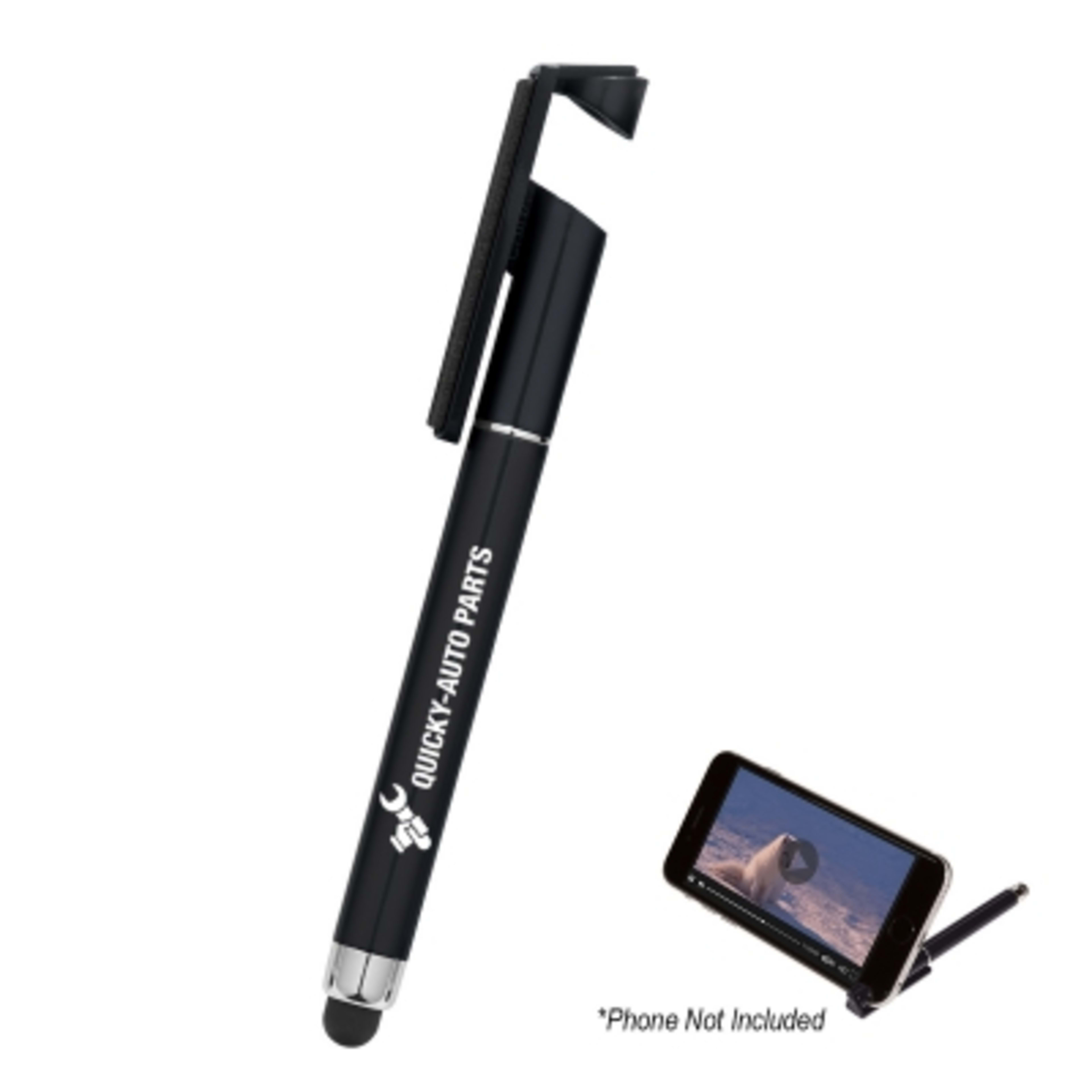 Stylus Pen Phone Stand Screen Cleaner - 4.5 in - Black - Silkscreen - promotional product with custom logo