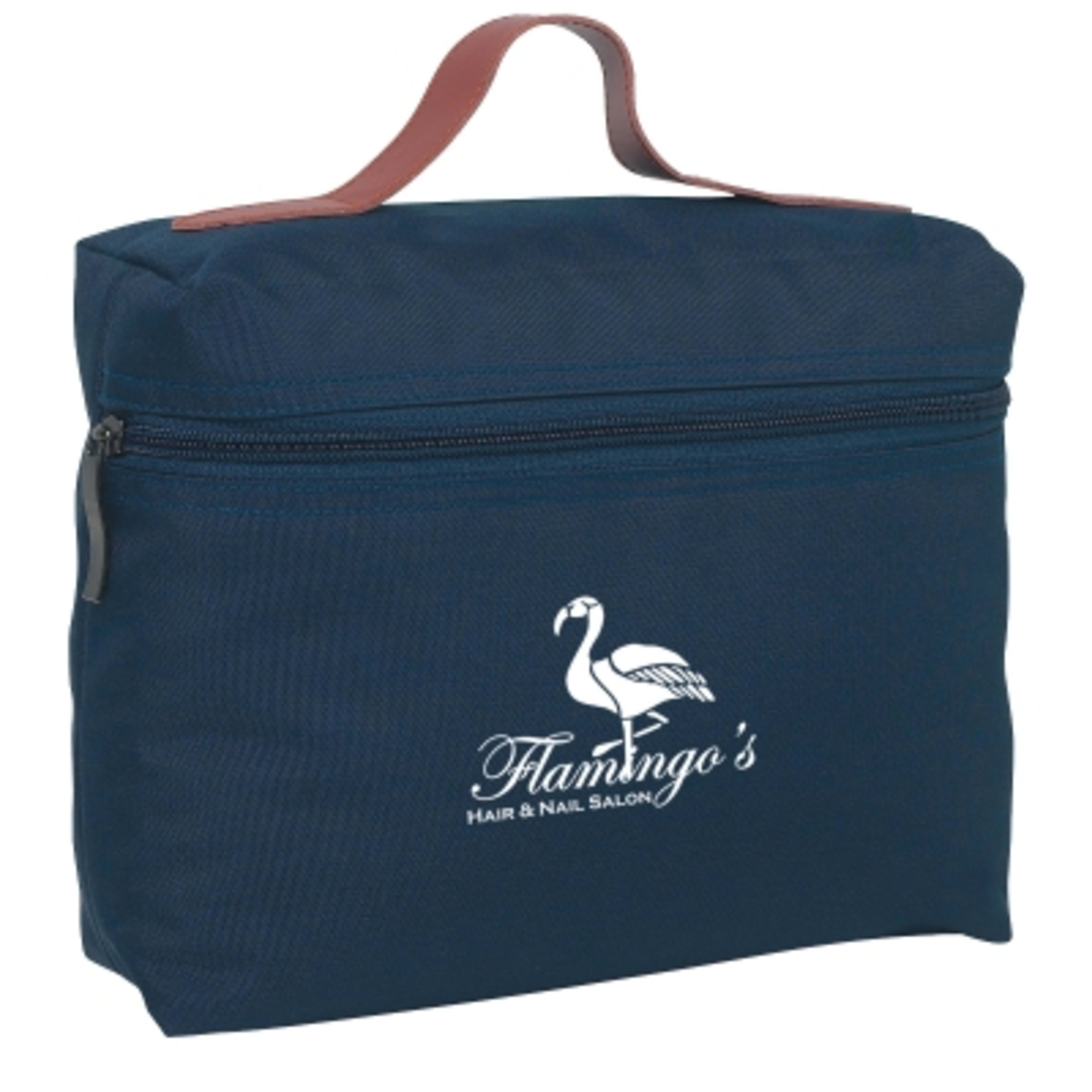 Cosmo Bag Polyester with Leatherette Handle - 9 x 7.5 in - Navy - Silkscreen - promotional product with custom logo