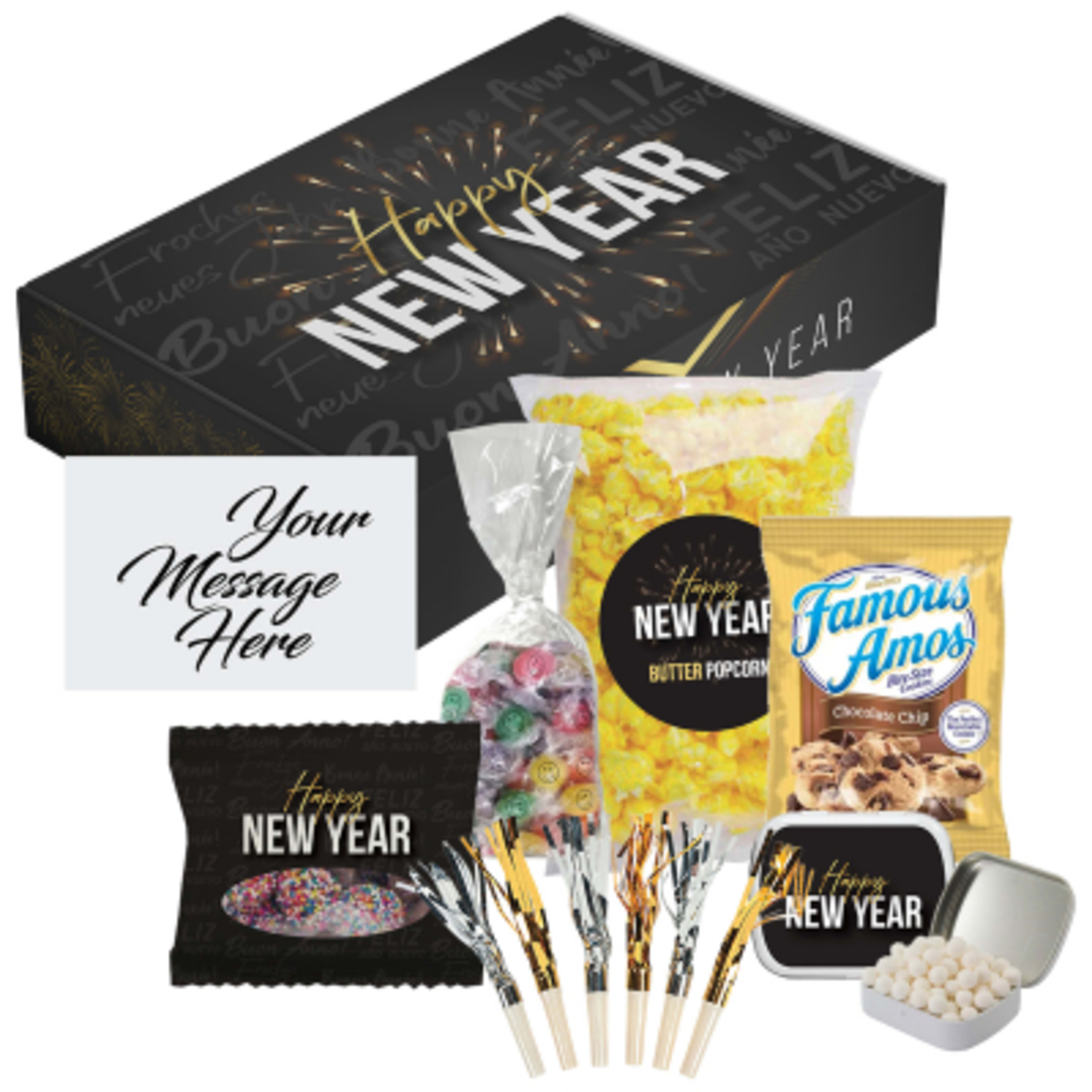 New Year Gift Set with Gourmet Snacks and Noisemakers - Group Shot - promotional product with custom logo