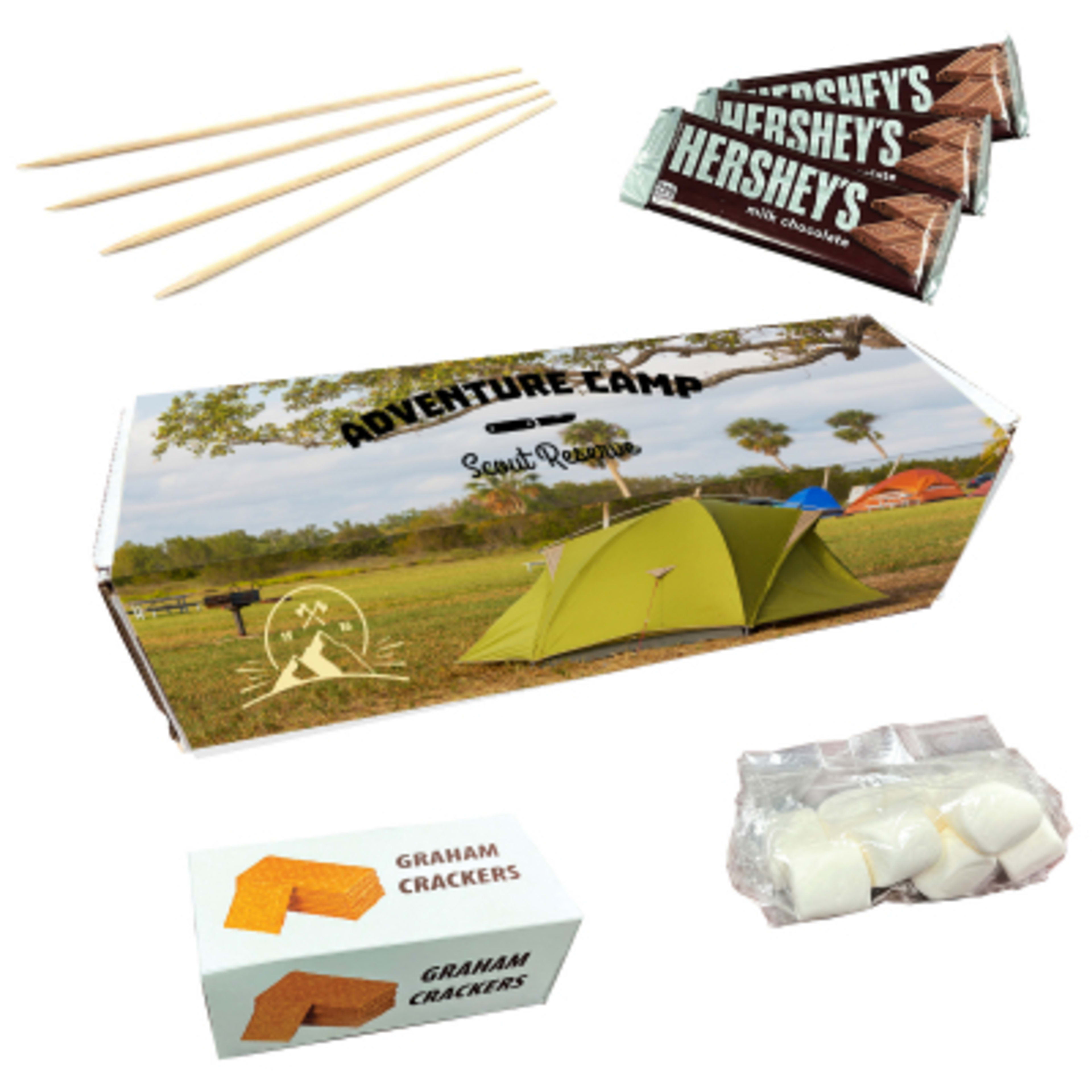 Campfire Kit with Graham Crackers and Chocolate - 55 oz - Group Shot - promotional product with custom logo