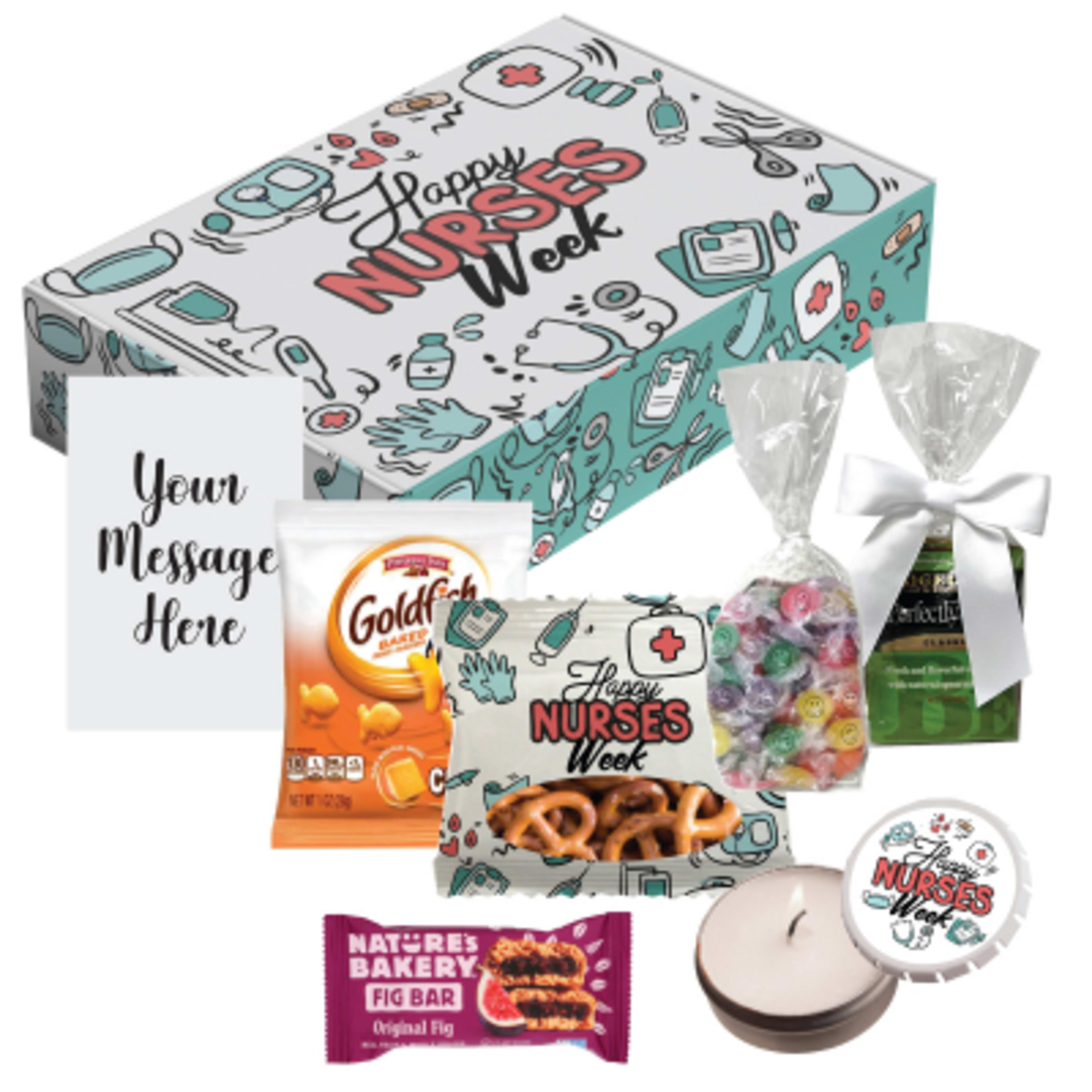 Happy's Nurse Gift Set with Tin Candle and Snacks - Group Shot - promotional product with custom logo