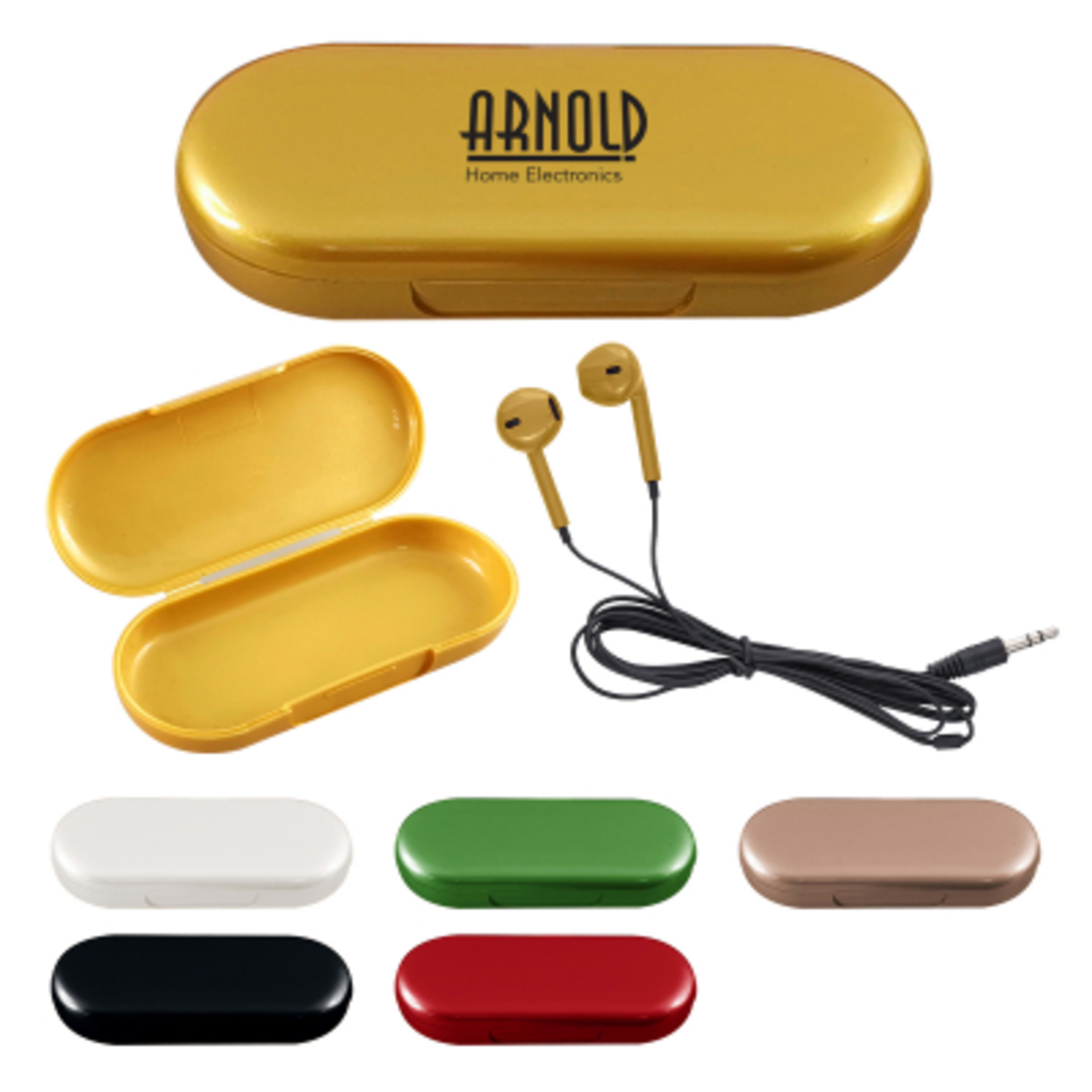 Metallic Wired Earbuds with Clamshell Case - 46 in - Group Shot - promotional product with custom logo