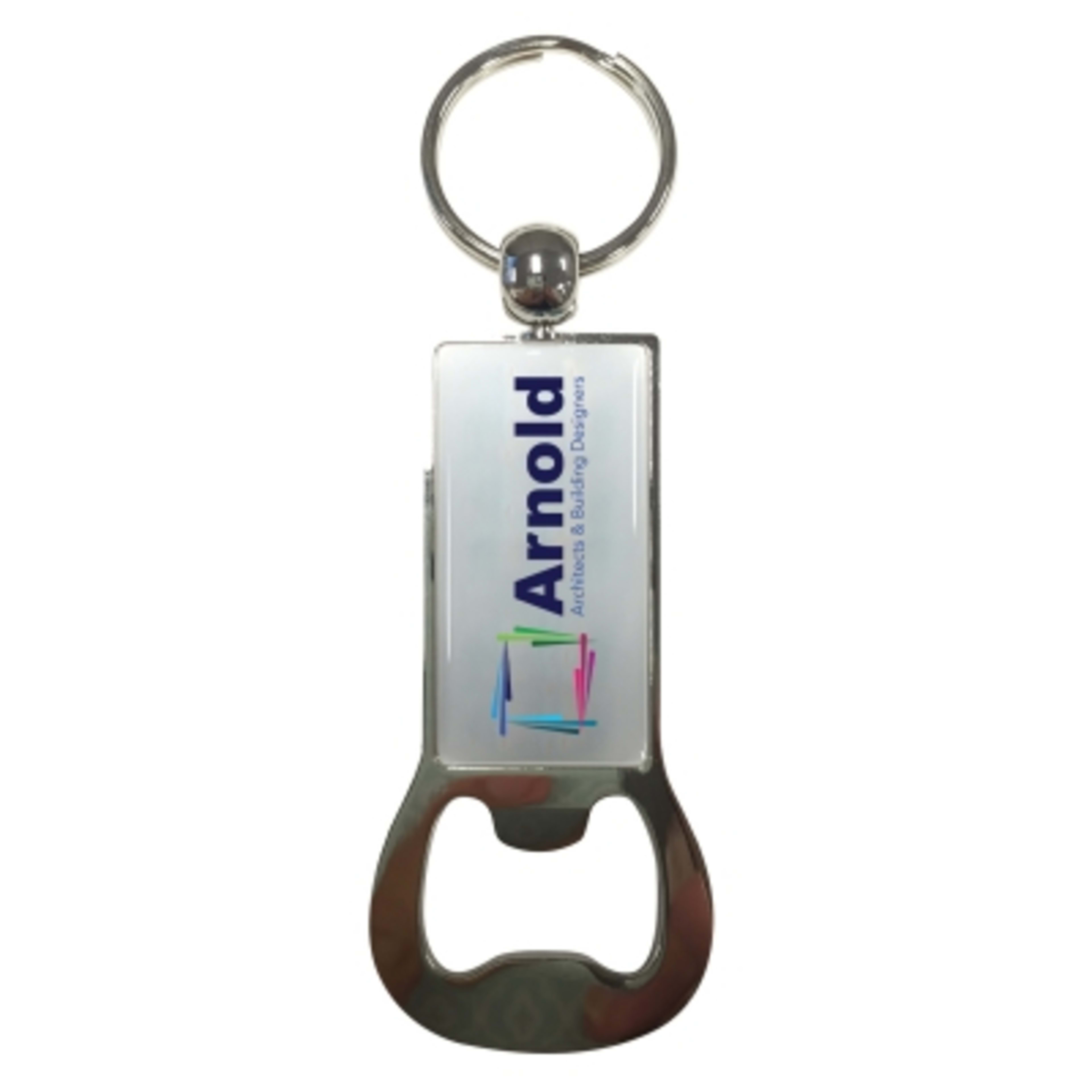 Bottle Opener Key Tag Zinc Alloy Epoxy Dome - 2.75 x 1.25 in - Group Shot - promotional product with custom logo