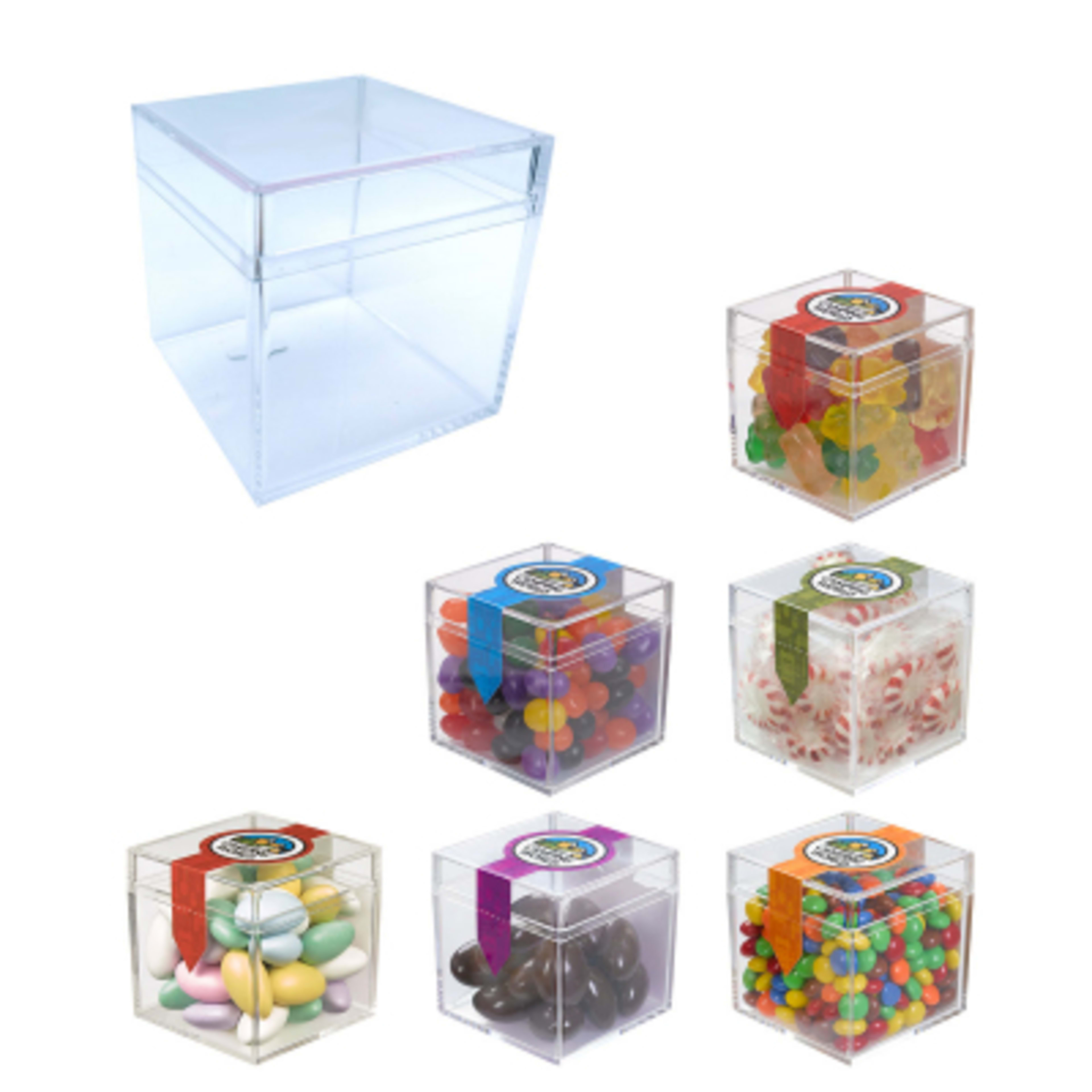 Acrylic Container Cube Shaped with Candy - 2 x 2 x 2 in - Group Shot - product view 1