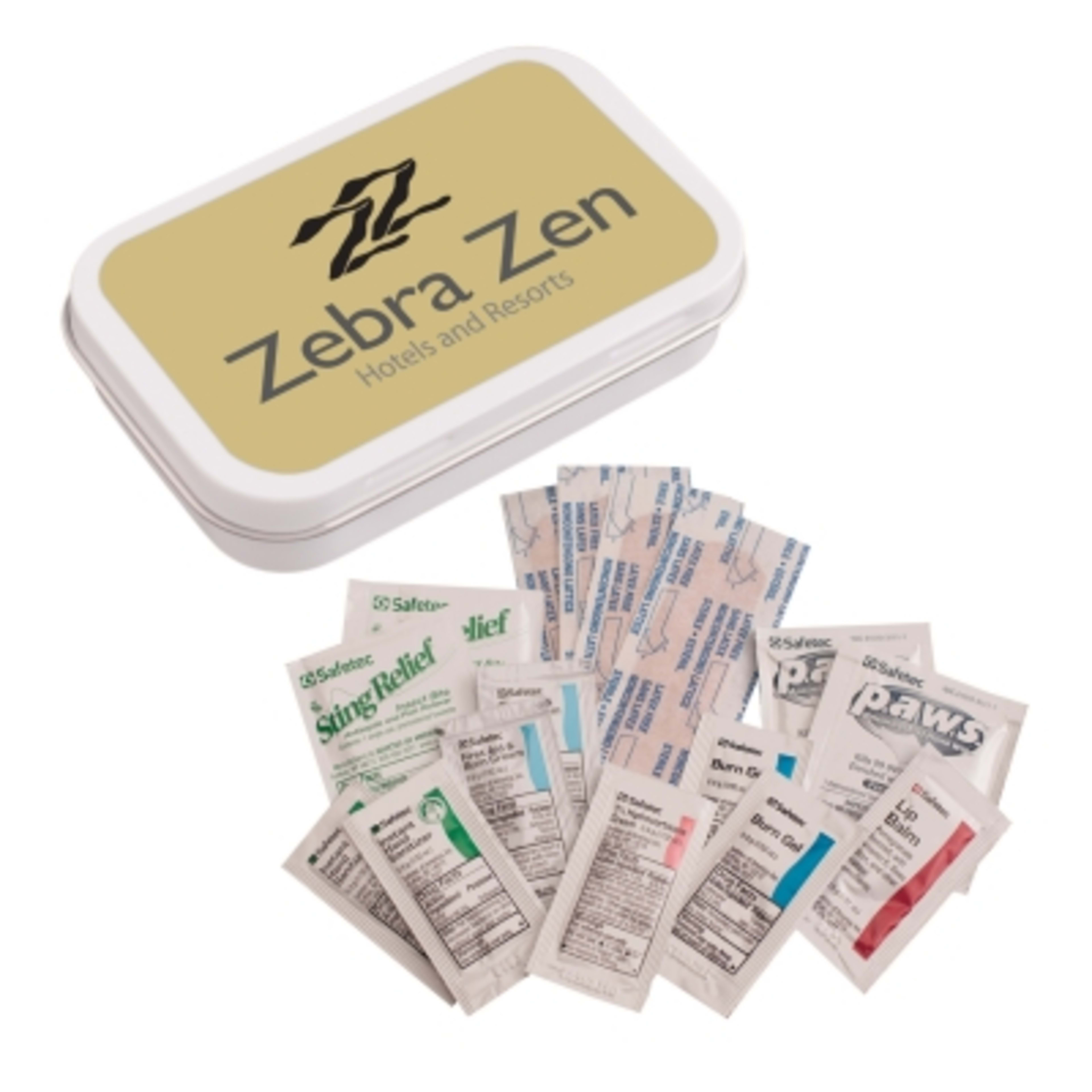 First Aid Kit Hinged Tin with Supplies - 2.4 x 3.9 in - Group Shot - promotional product with custom logo