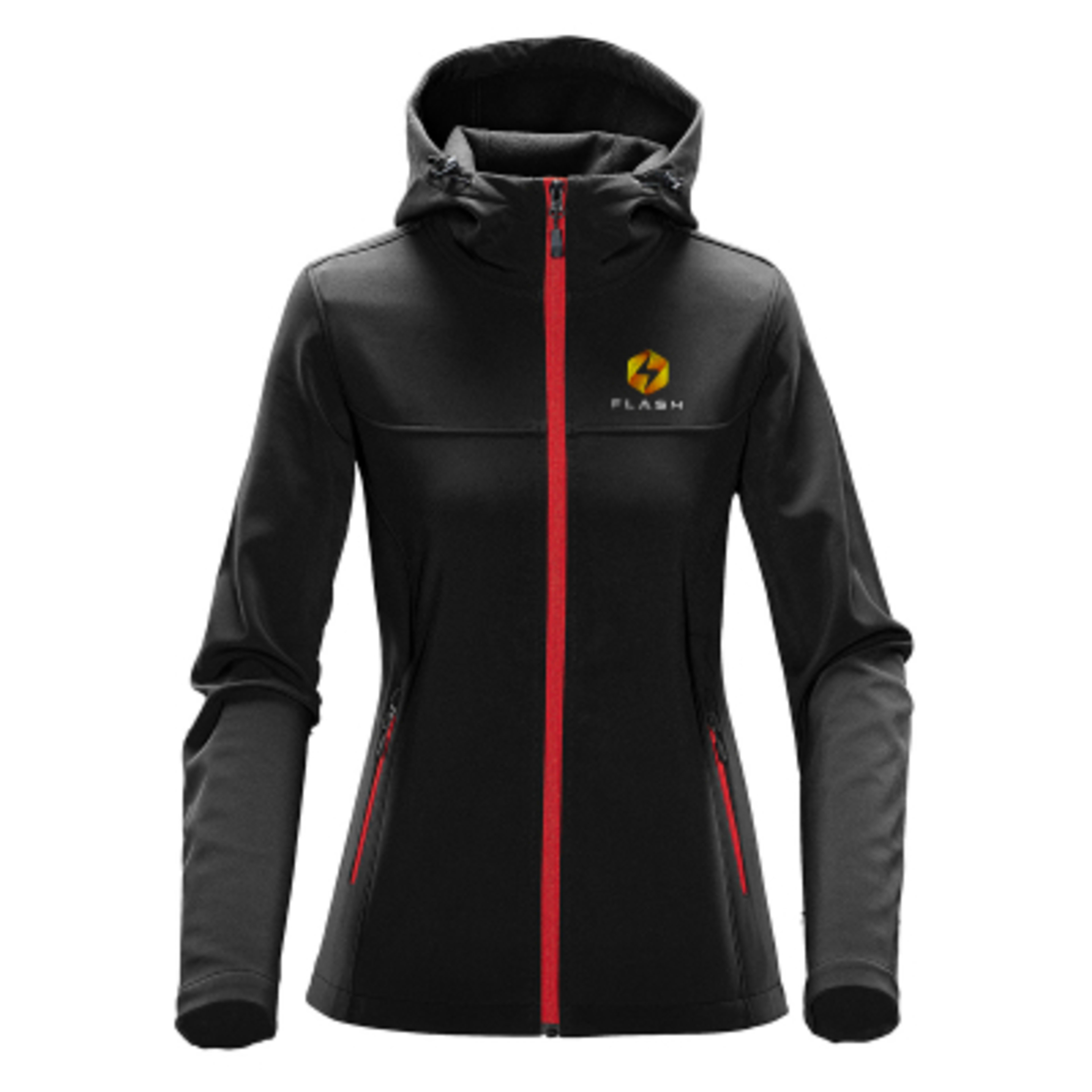 Women's Softshell Hooded Jacket with Fleece Lining - BLA - BRIGHTRED Embroidery - product view 2