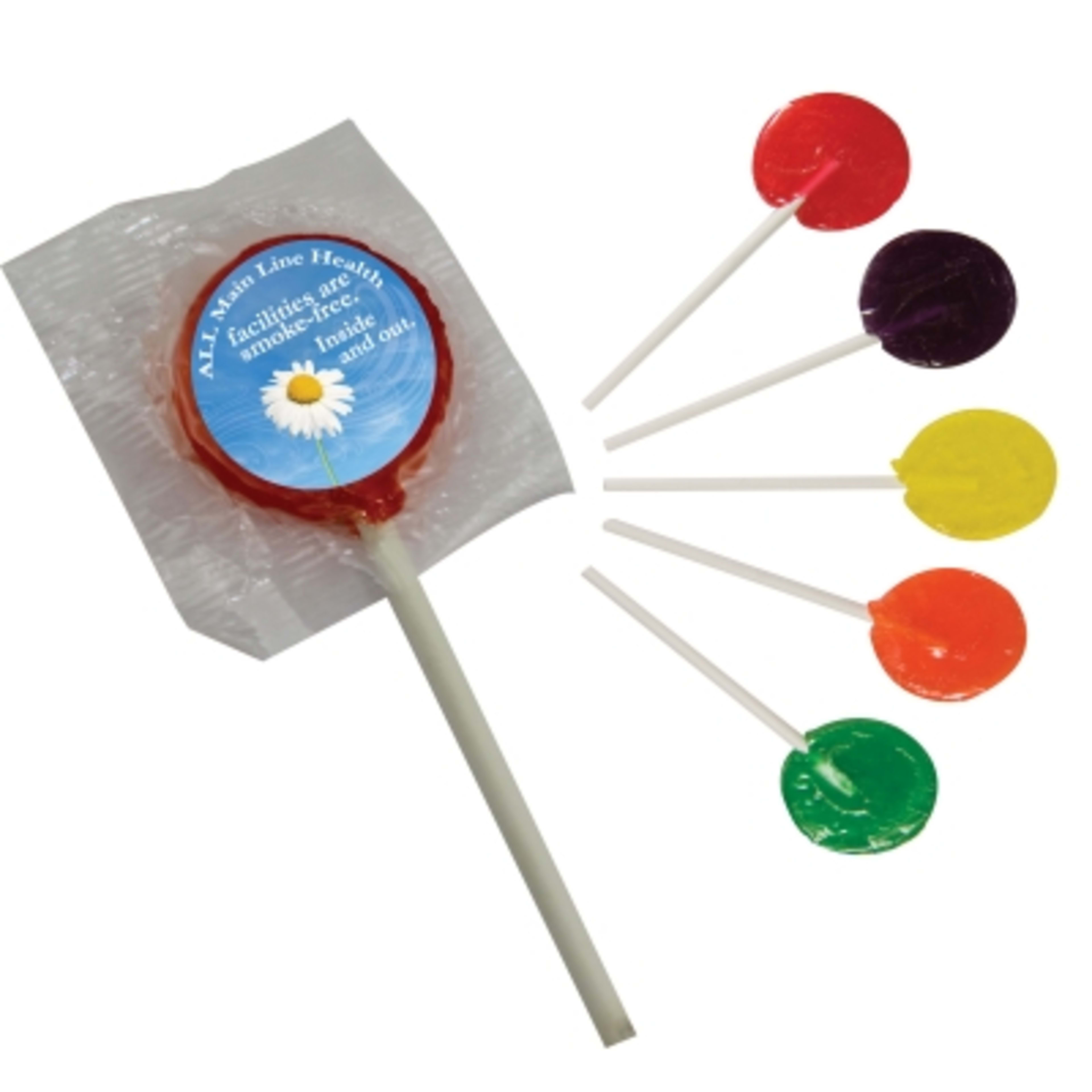 Lollipop Round Label Assorted Flavors - 2 x 4.5 in - Group Shot - promotional product with custom logo