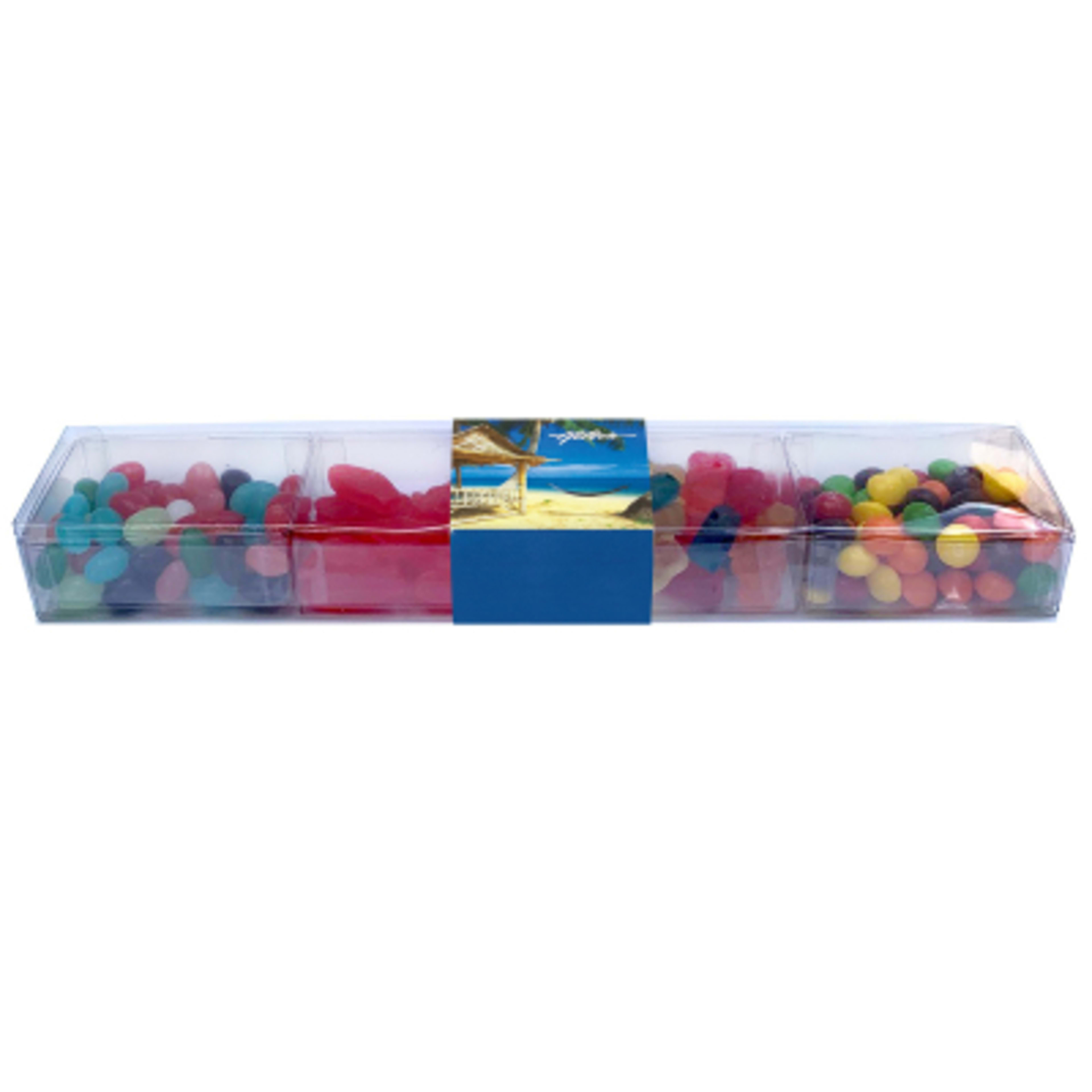 Sweet Box Medley with Four Custom Fillers - 12.3 x 2.4 x 1.1 in - Group Shot - promotional product with custom logo