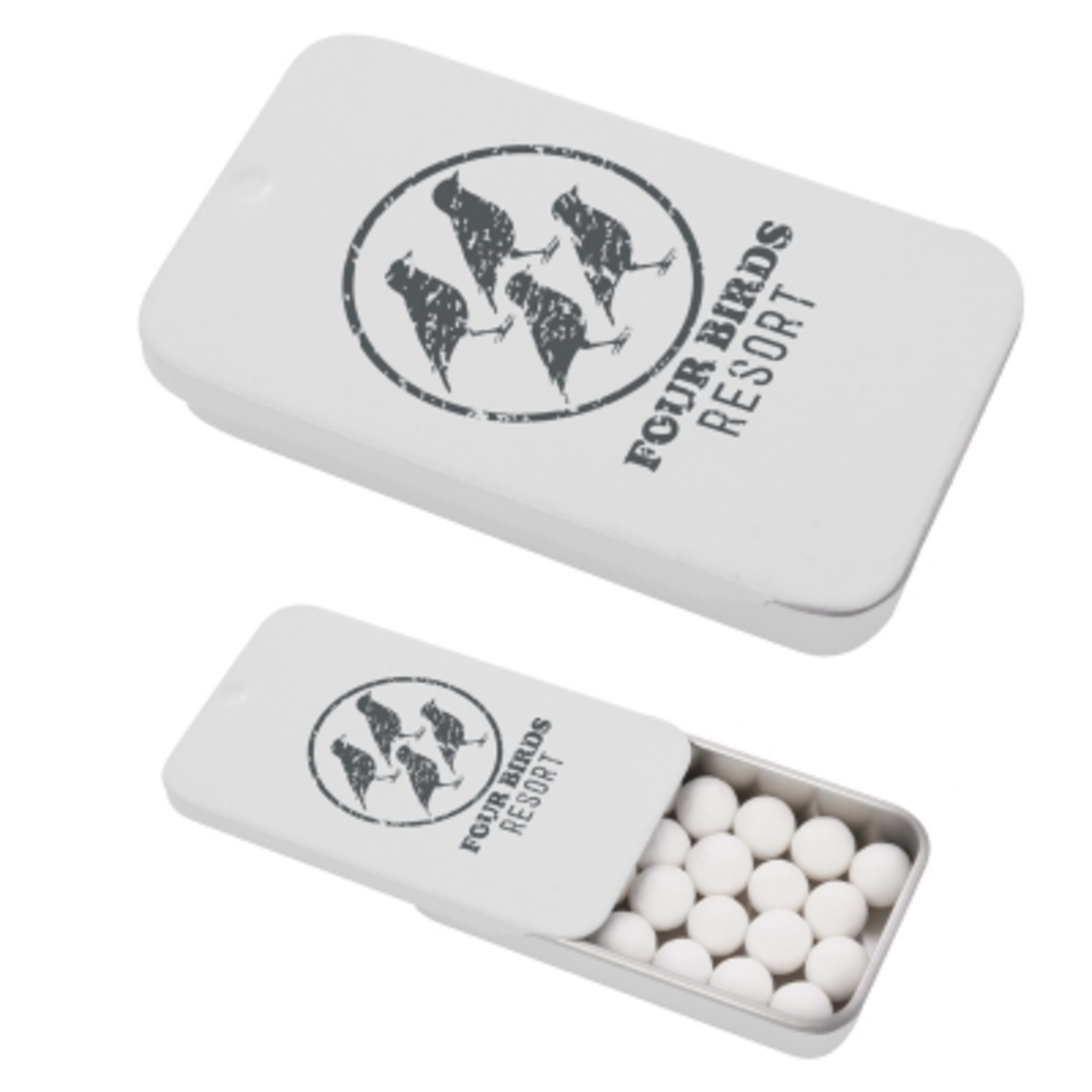 Signature Peppermints in Slider Tin USA Made - 2.4 x 1.4 x 0.4 in - White - Direct Imprint - promotional product with custom logo