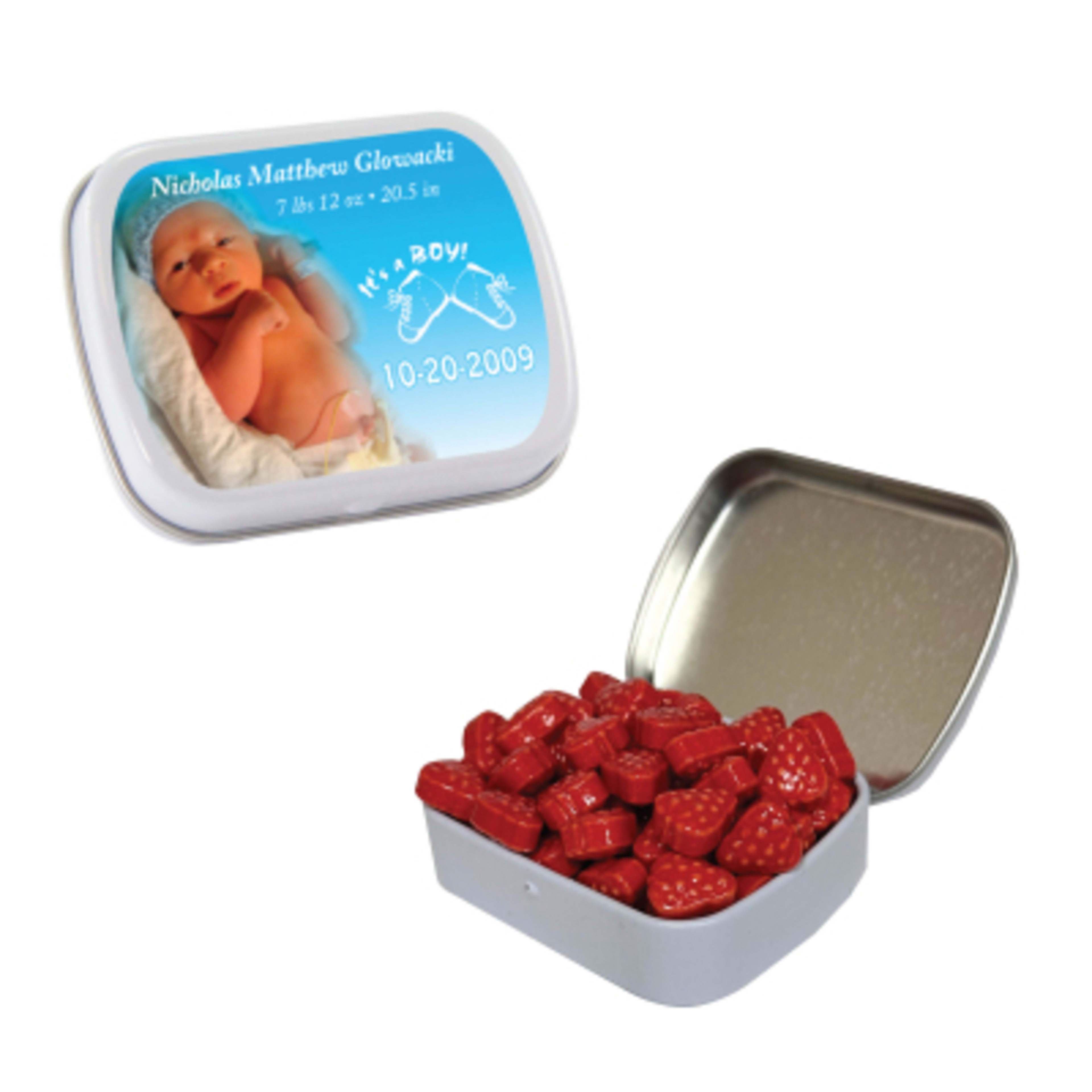 Candy Tin Small Hinged with Custom Fill - 2.375 in - Strawberry - product view 2