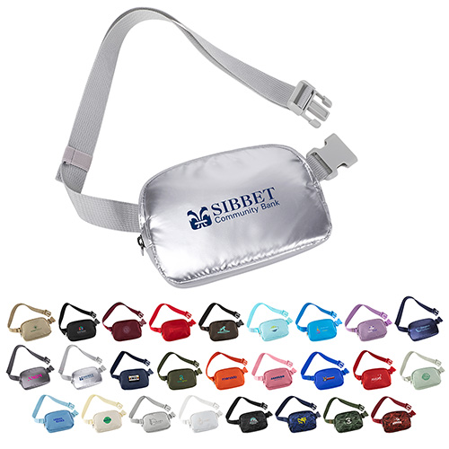 Image 7: A variety of waist packs are shown, including a silver one with the Sibbet Community Bank logo - promotional product with custom logo