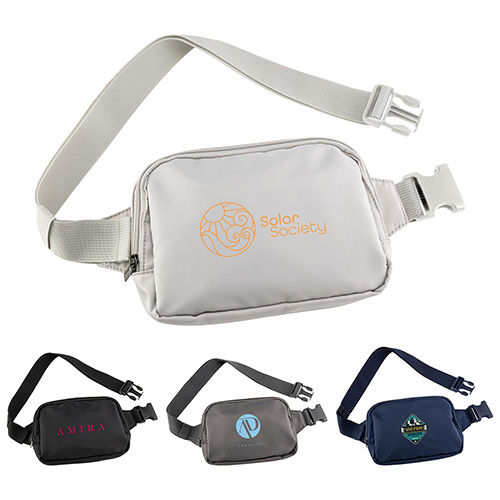 Image 7: Fanny packs are shown in different colors with different logos and adjustable straps - promotional product with custom logo