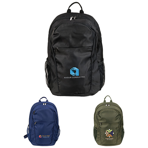 Image 7: Three backpacks in black, navy blue, and olive green colors are displayed - promotional product with custom logo